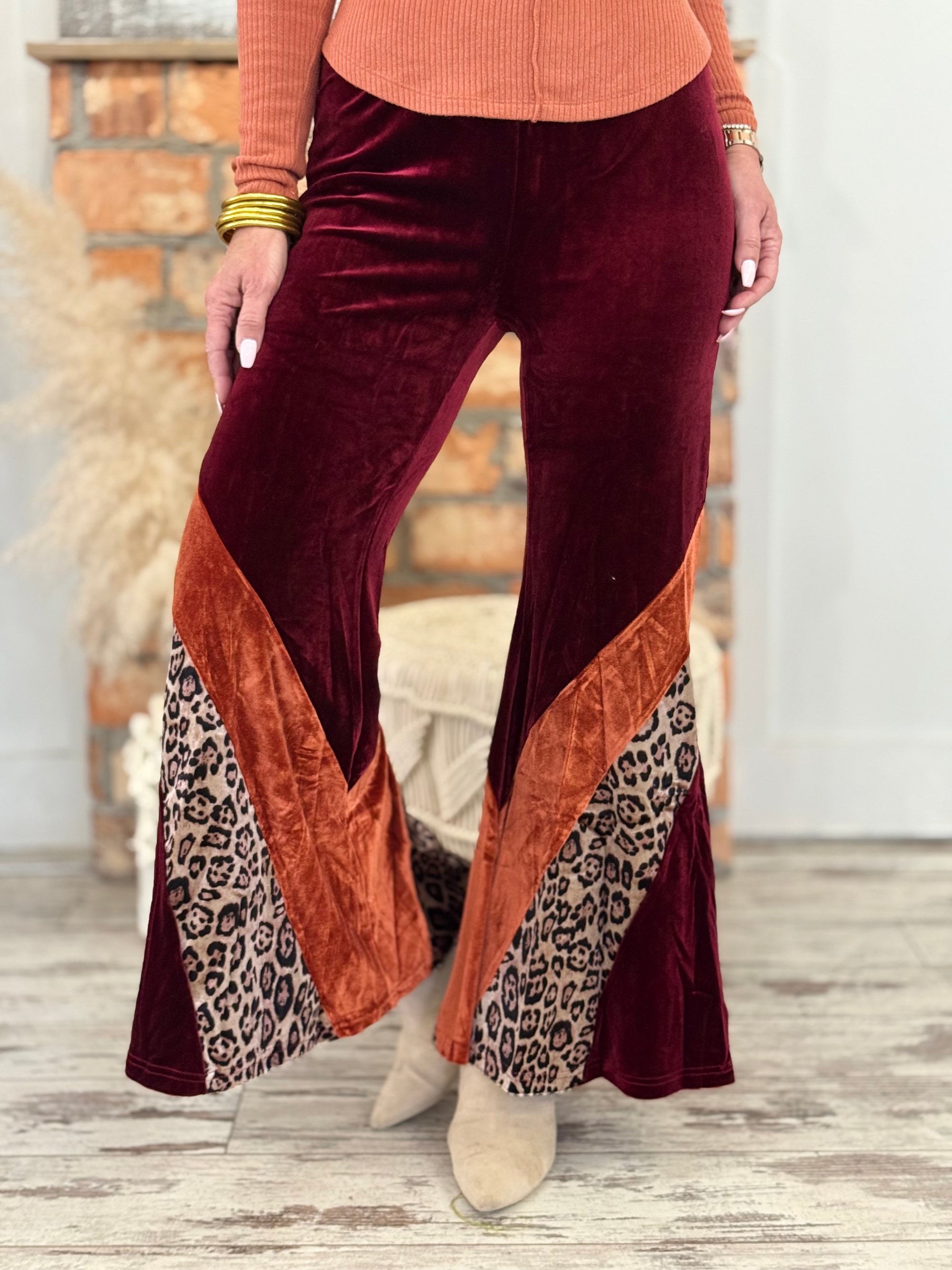 Velvet Leopard Color Block Flare Pants | Wine