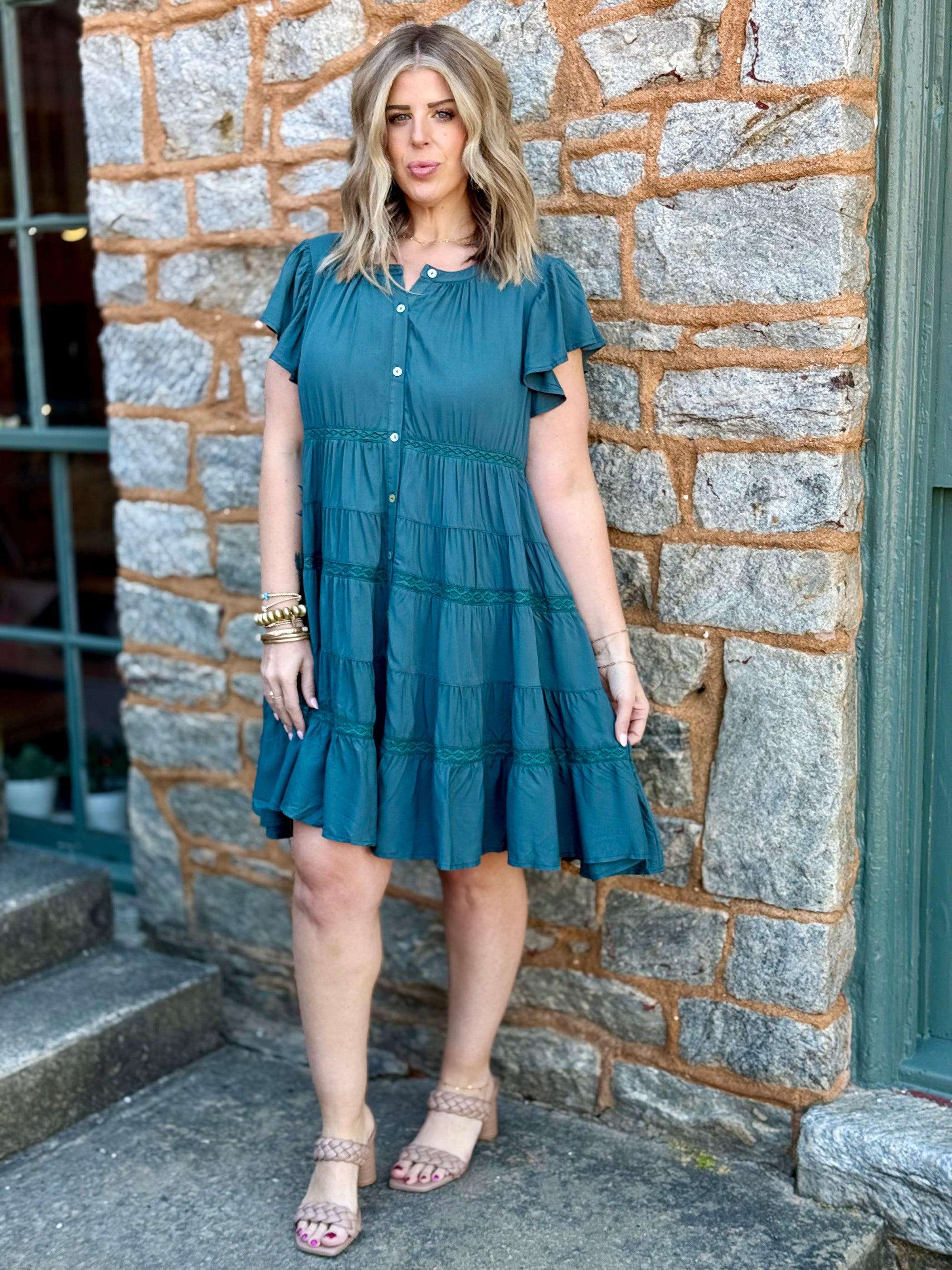 Tiered Lace Trim Button Up Dress