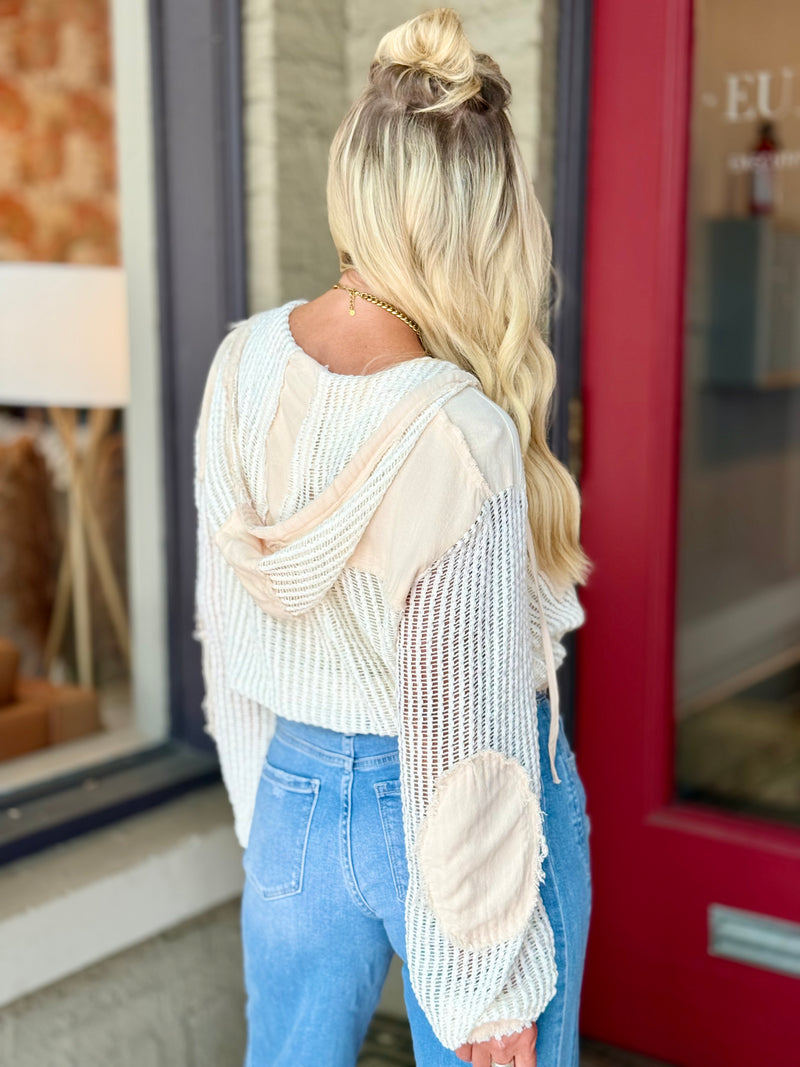 Sheer Knit Button Down Hooded Top | Cream