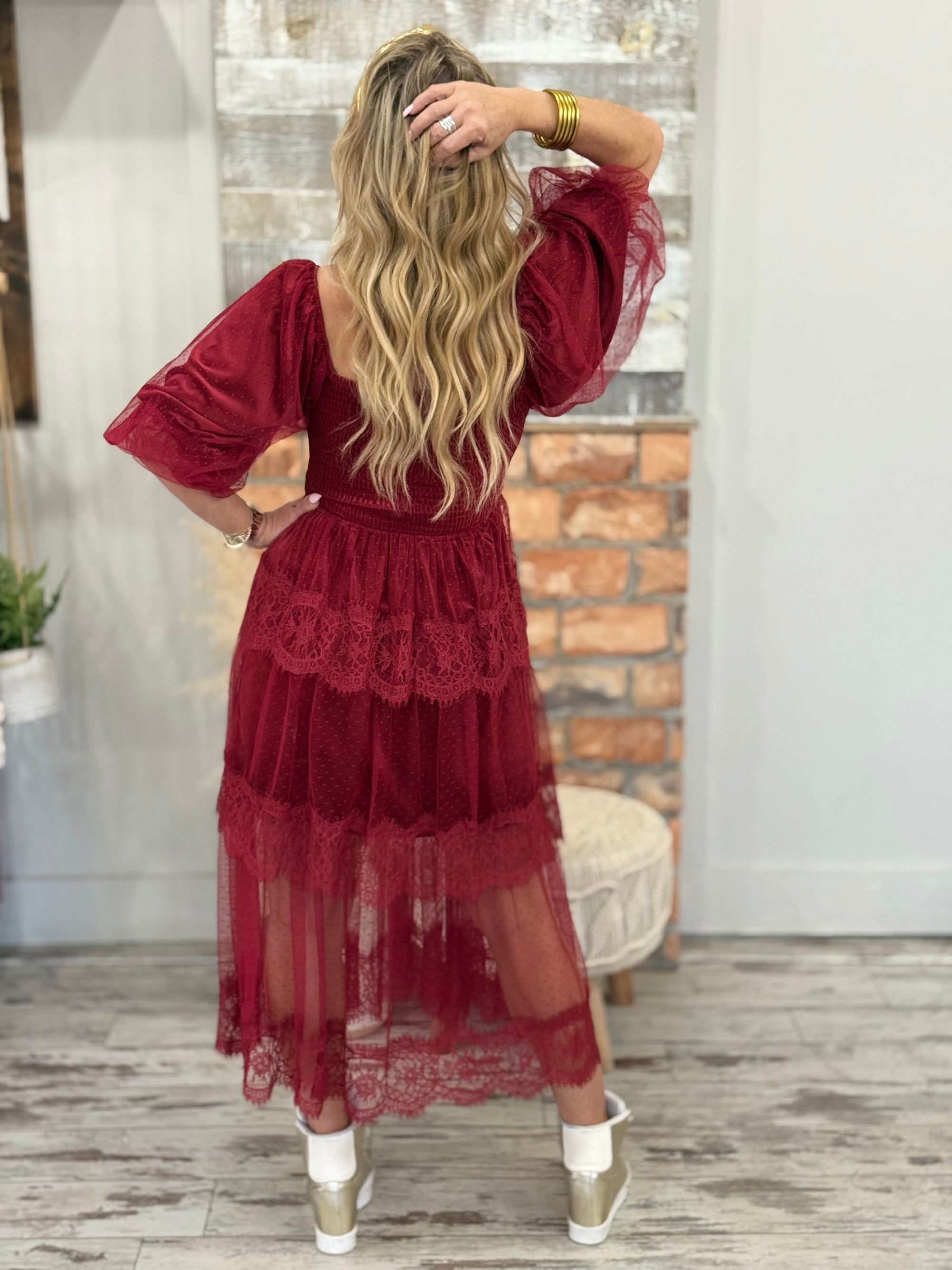 Tiered Lace + Velvet Midi Dress