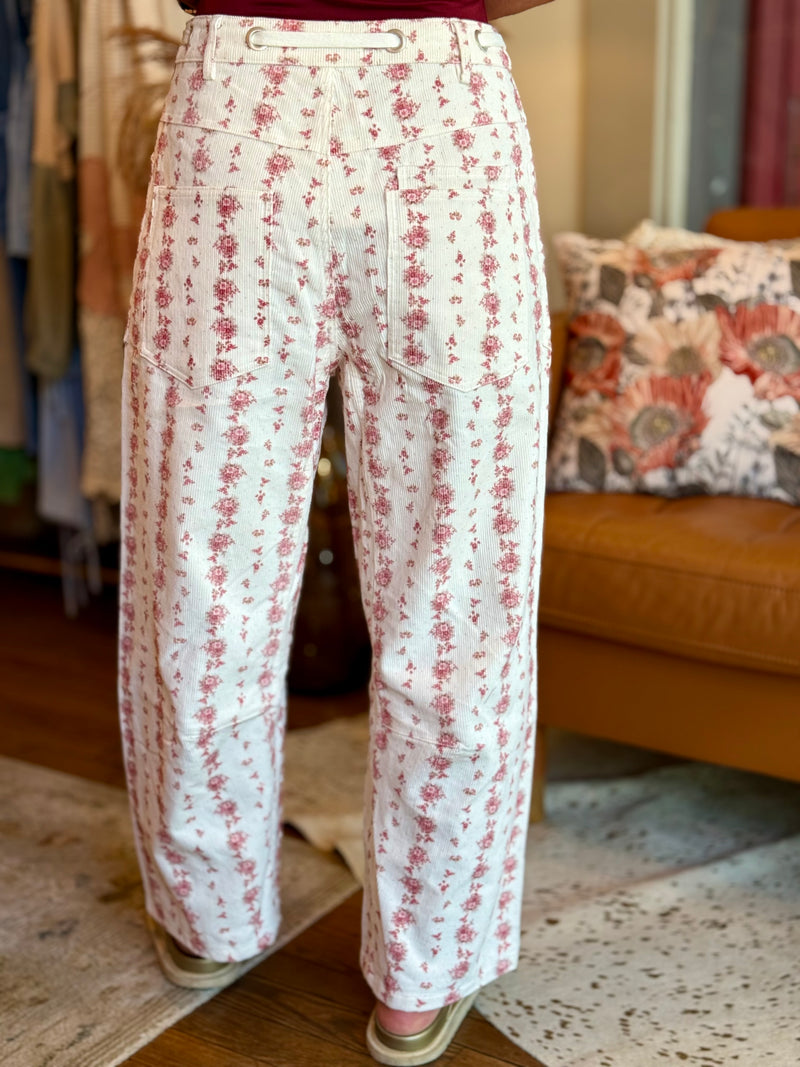 Corduroy Floral Waist Tie Barrel Jeans