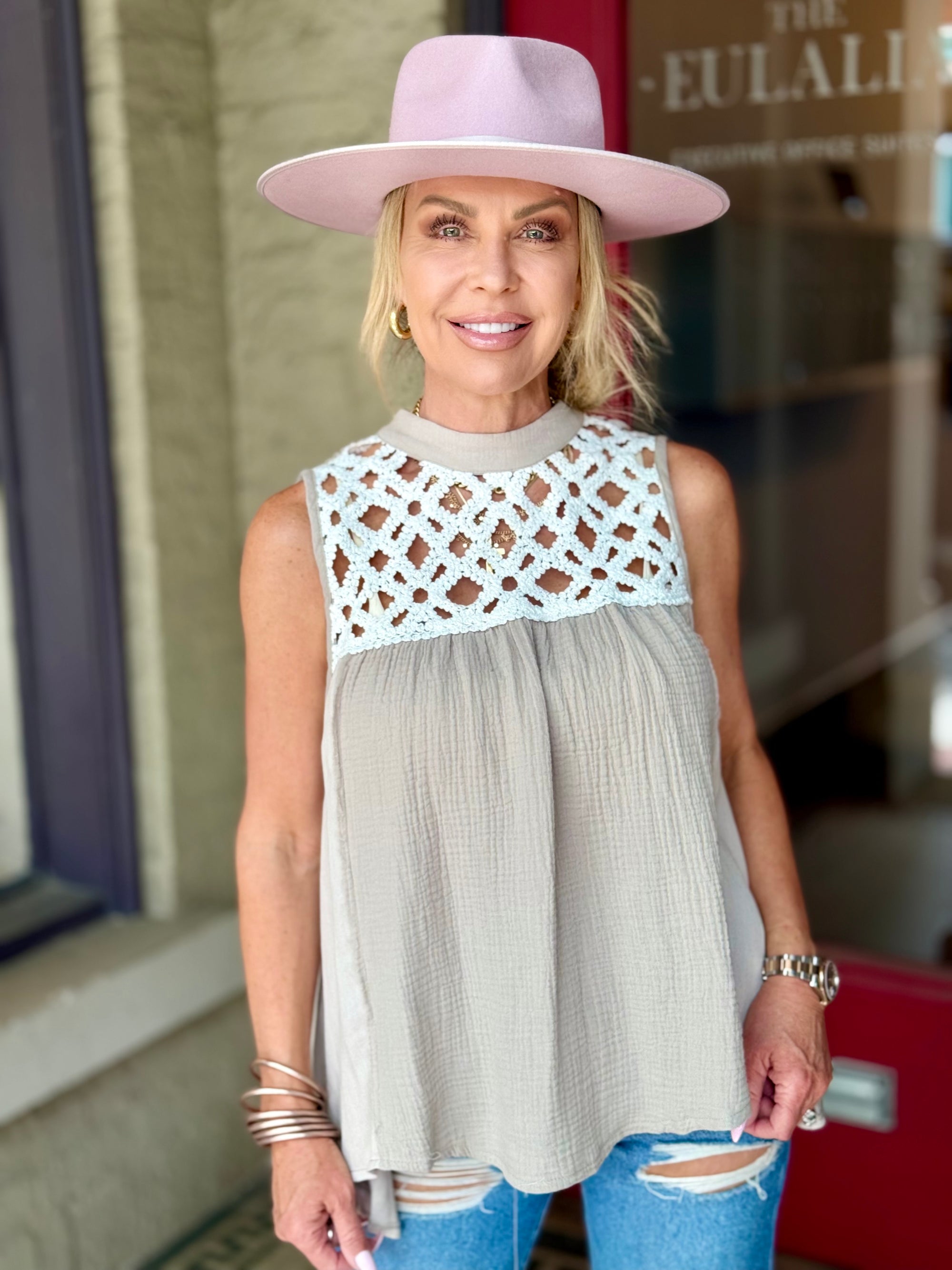Sleeveless Crochet Detailed Top