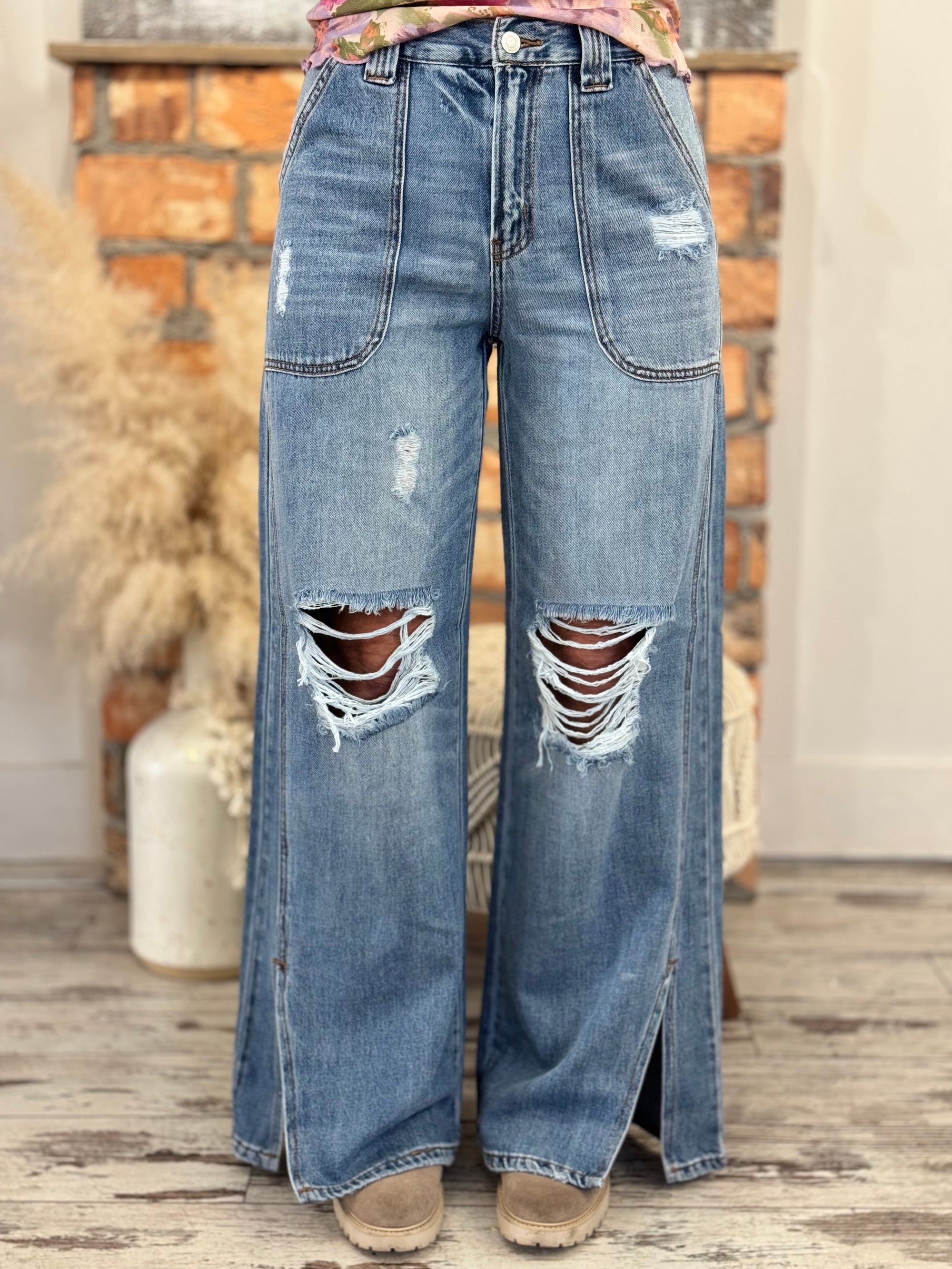 Distressed Front Slit Wide Leg Carpenter Jeans