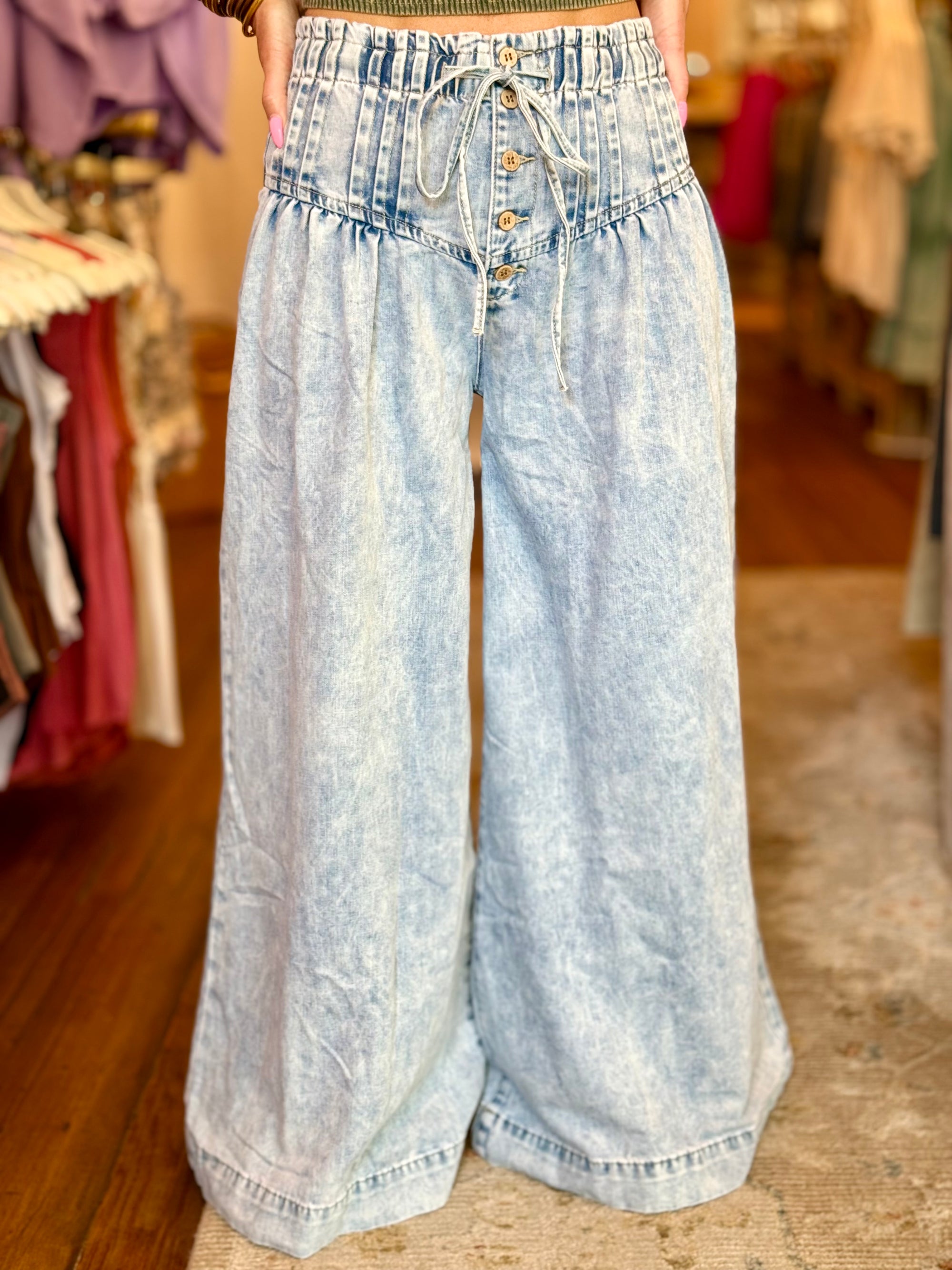 Pleated Button Fly Wide Leg Pants