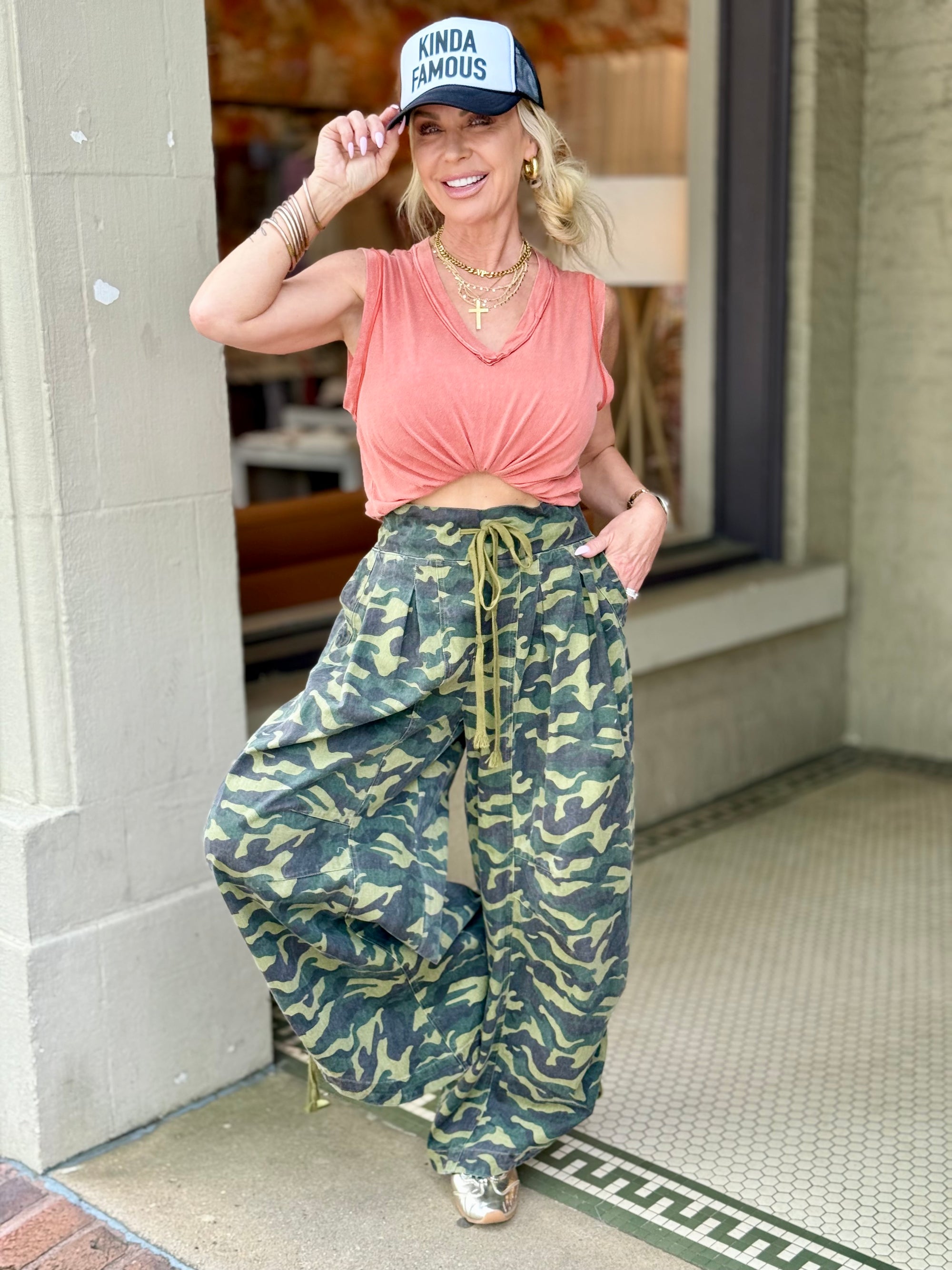 Ruched Wide Leg Camo Pants