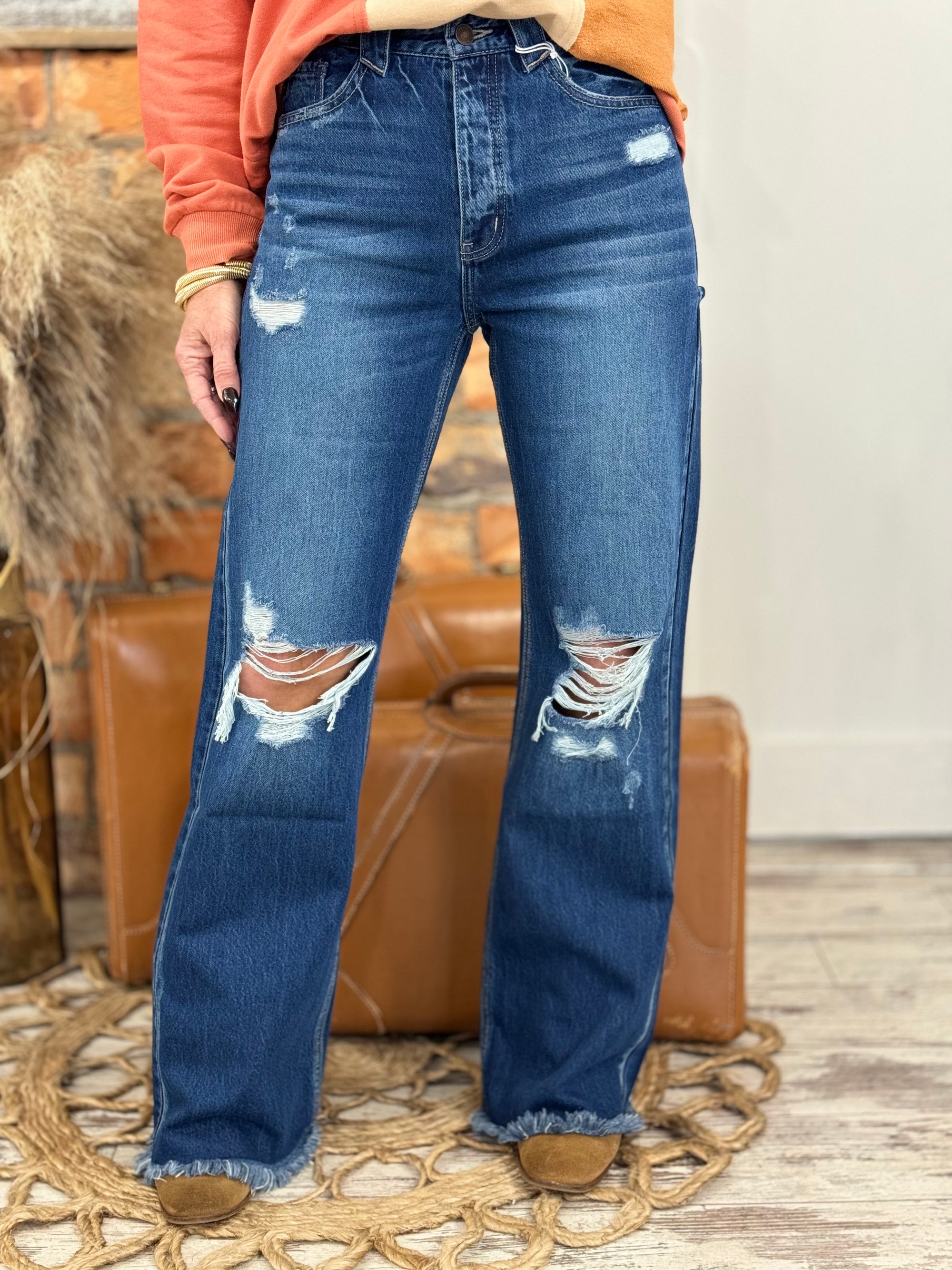 High Rise Distressed 90s Flare Jeans