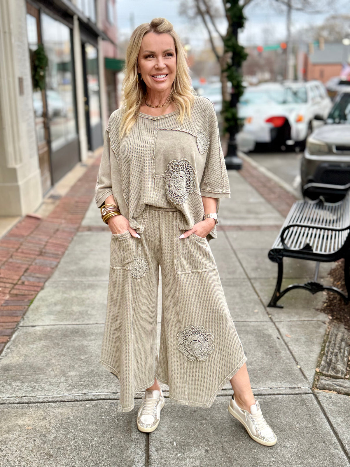 Crochet Floral Patch Waffle Pants