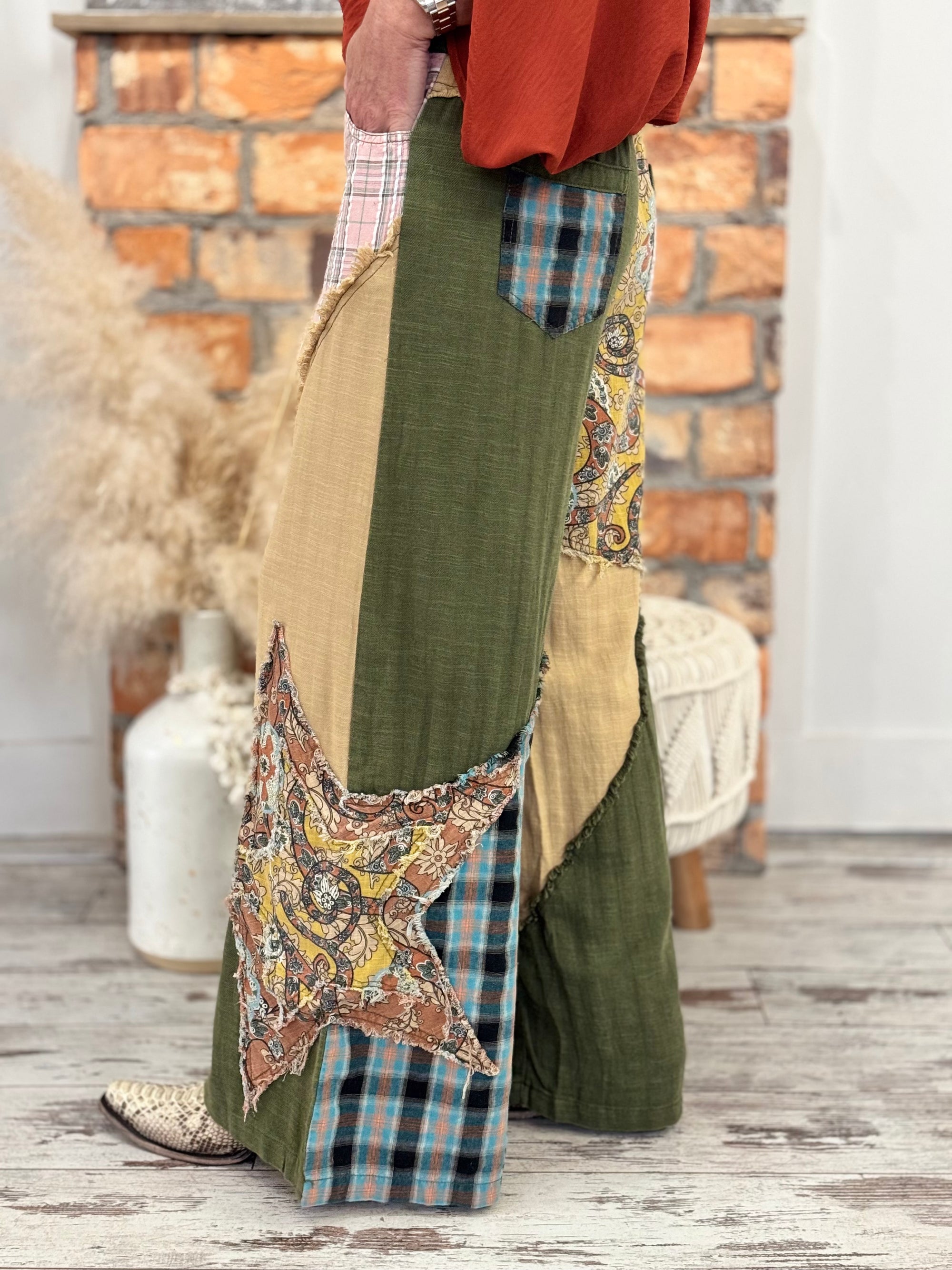 Mixed Patchwork Wide Leg Pants in Olive