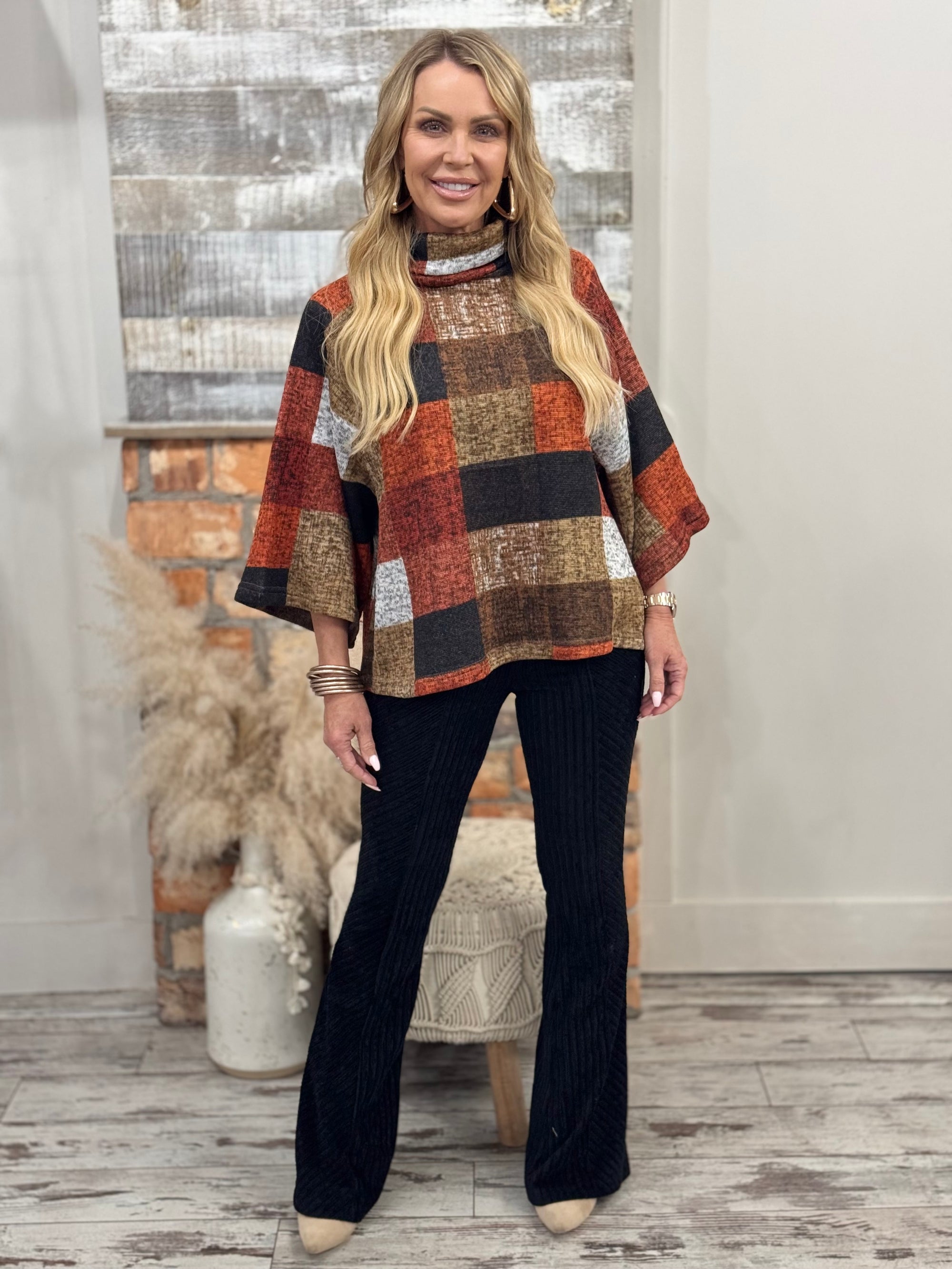 Plaid Cowl Neck Pullover Top