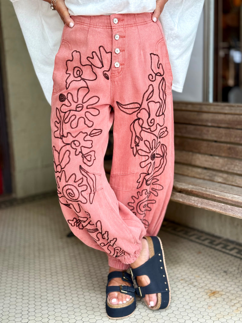 Floral Embroidered Jogger Pants | Washed Red