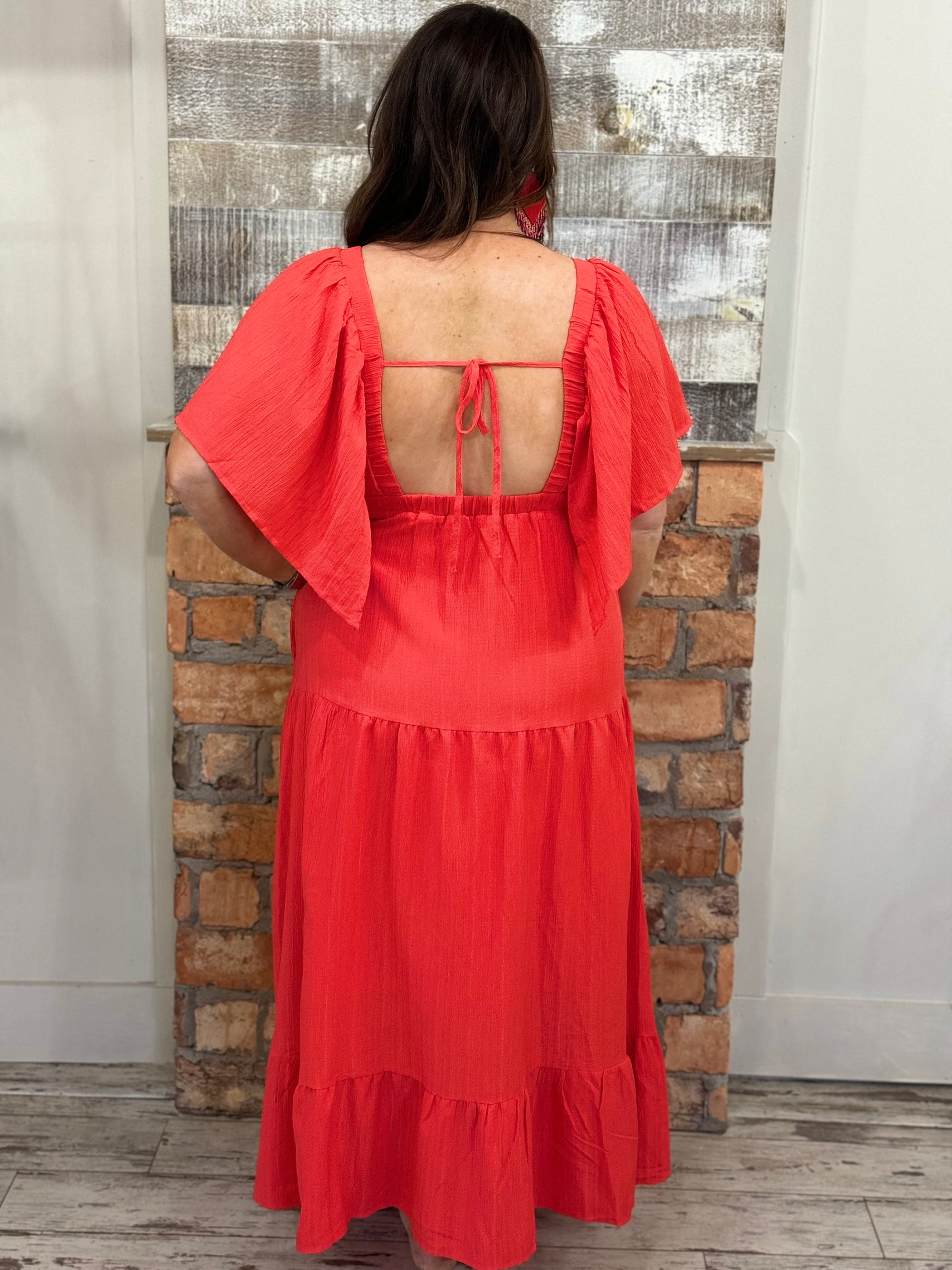 V Neck Ruffle Sleeve Maxi Dress in Coral