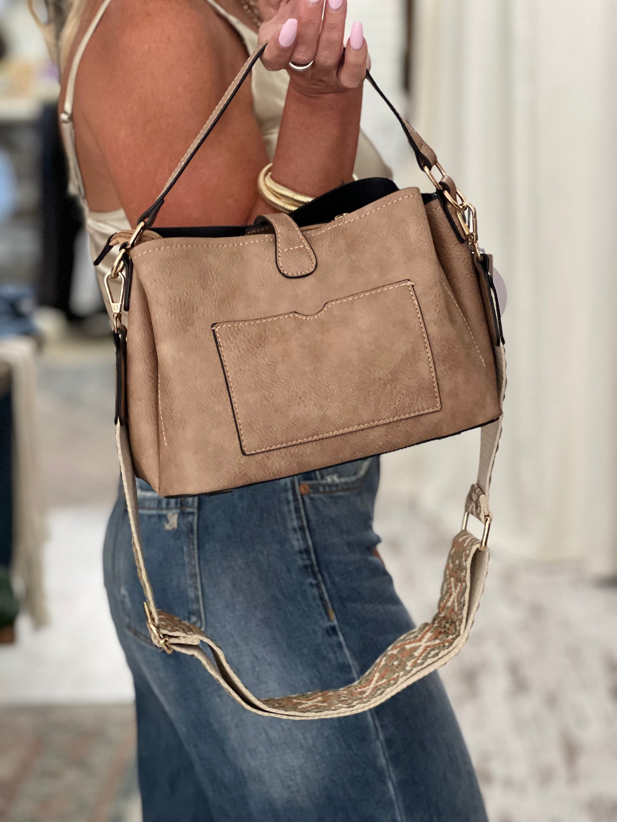 Guitar Strap Shoulder Bag in Stone