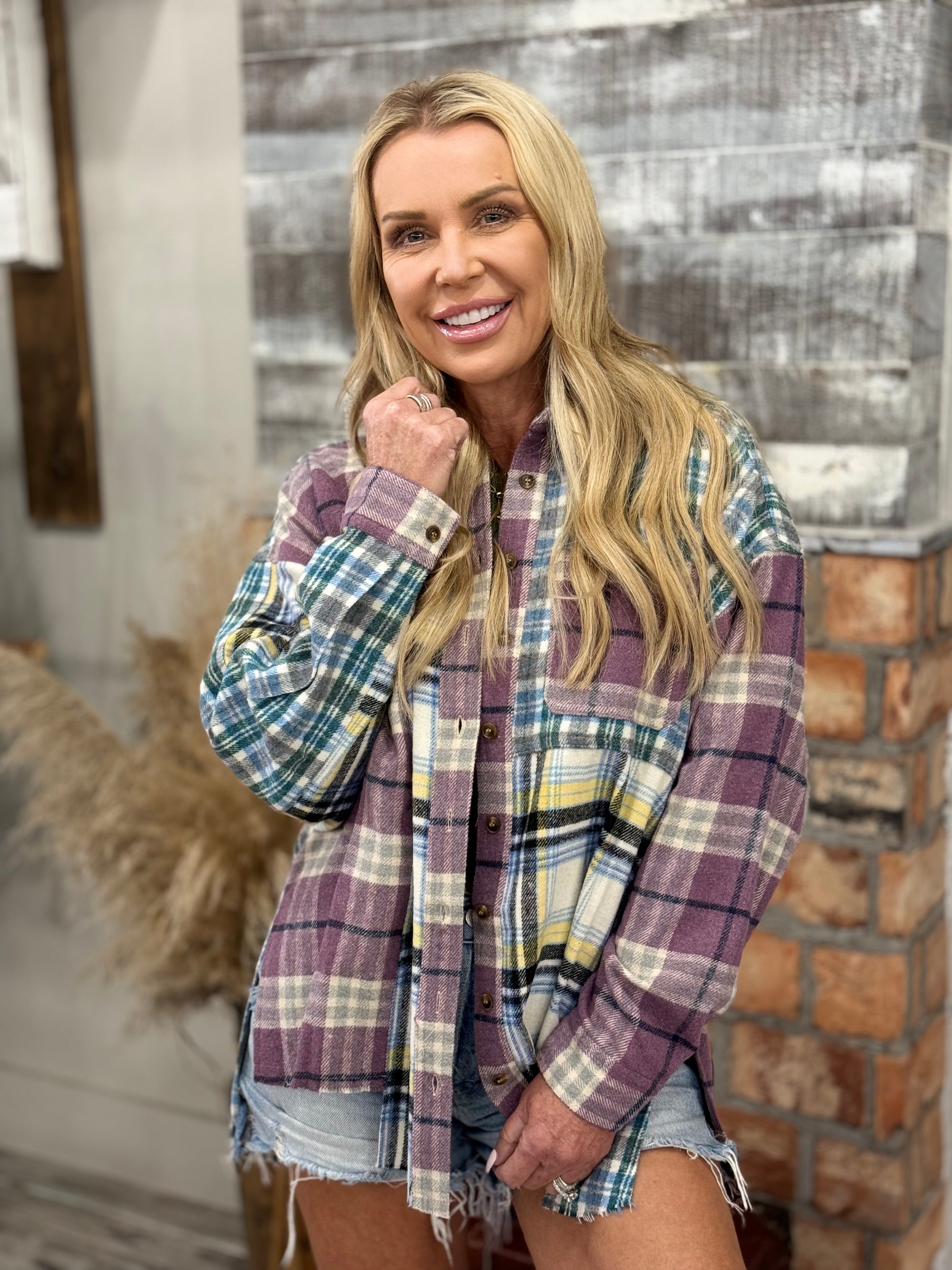 Mixed Plaid Button Down Shacket in Lavender