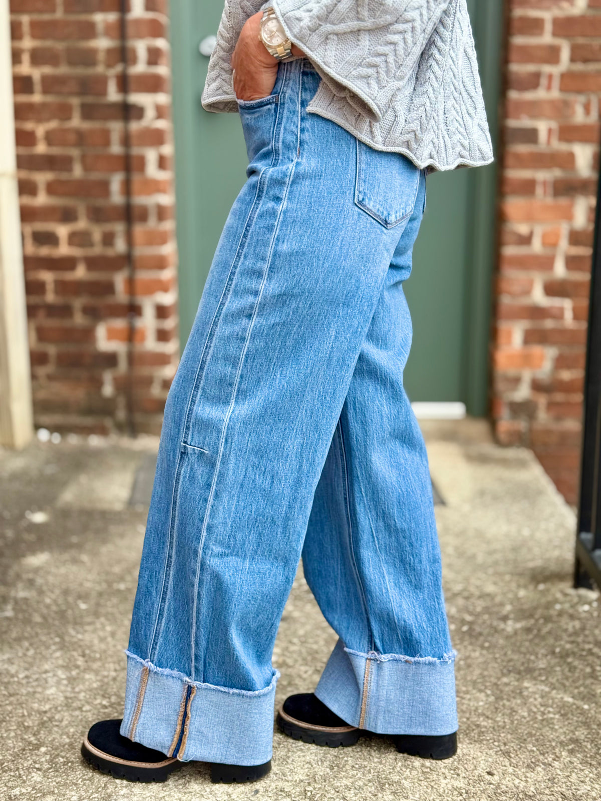 High Rise Cuffed Wide Leg Jeans