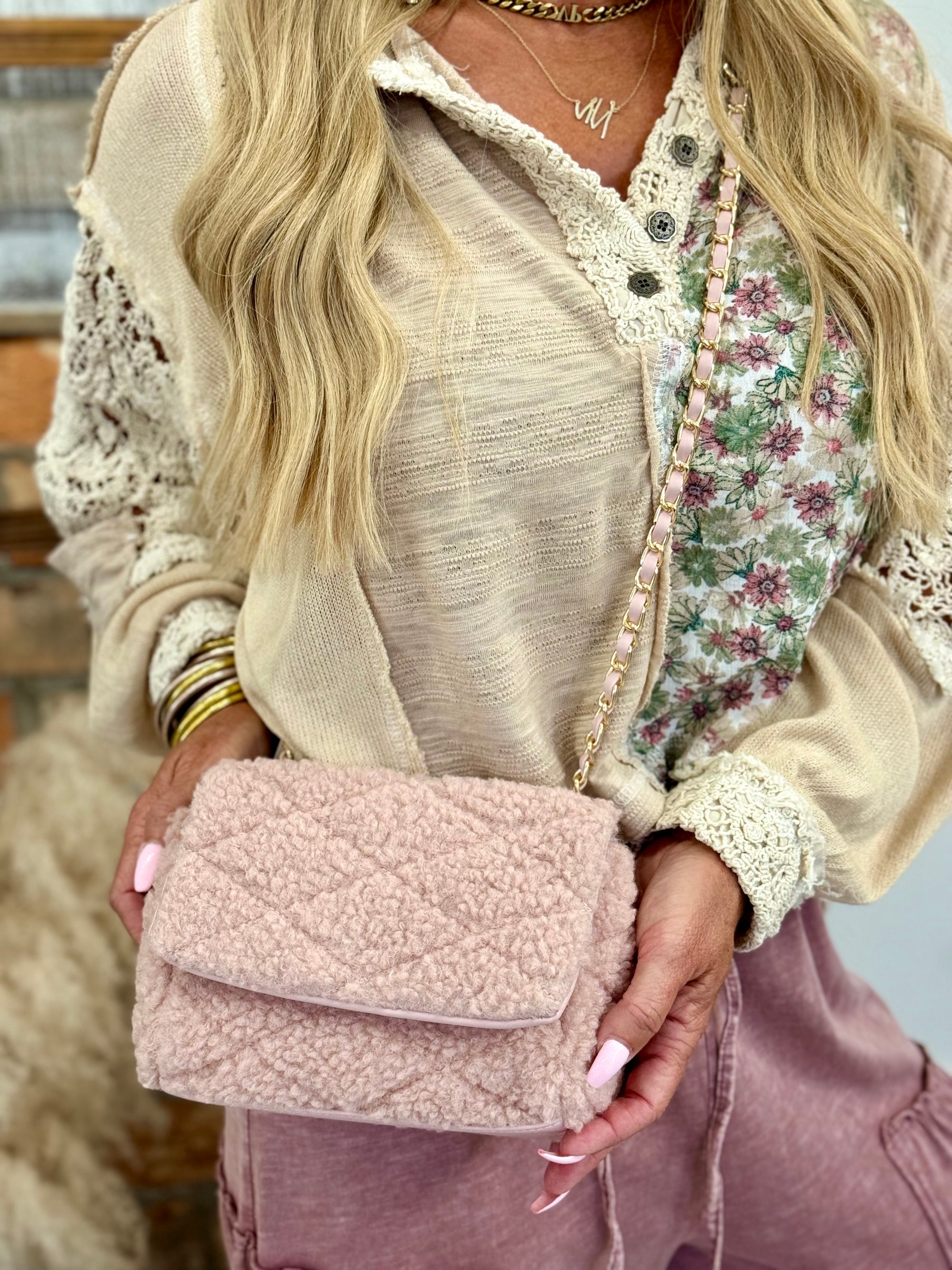 Chain Strap Sherpa Purse in Pink The Rustic Rack Boutique