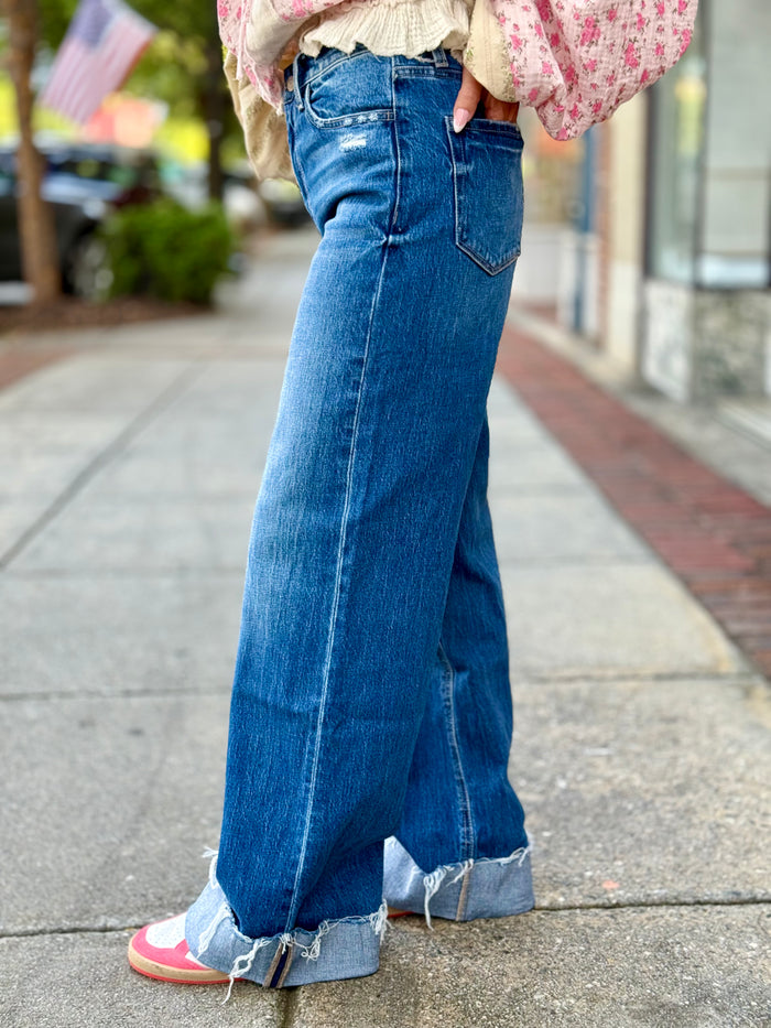High Rise Cuffed Baggy Wide Leg Jeans