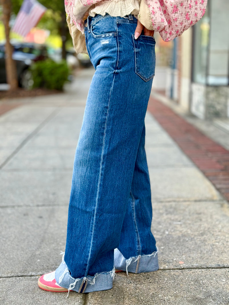 High Rise Cuffed Baggy Wide Leg Jeans