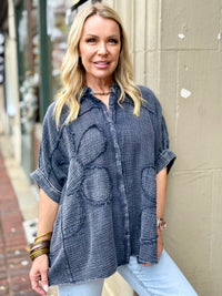 Gauze Flower Patch Button Up Top