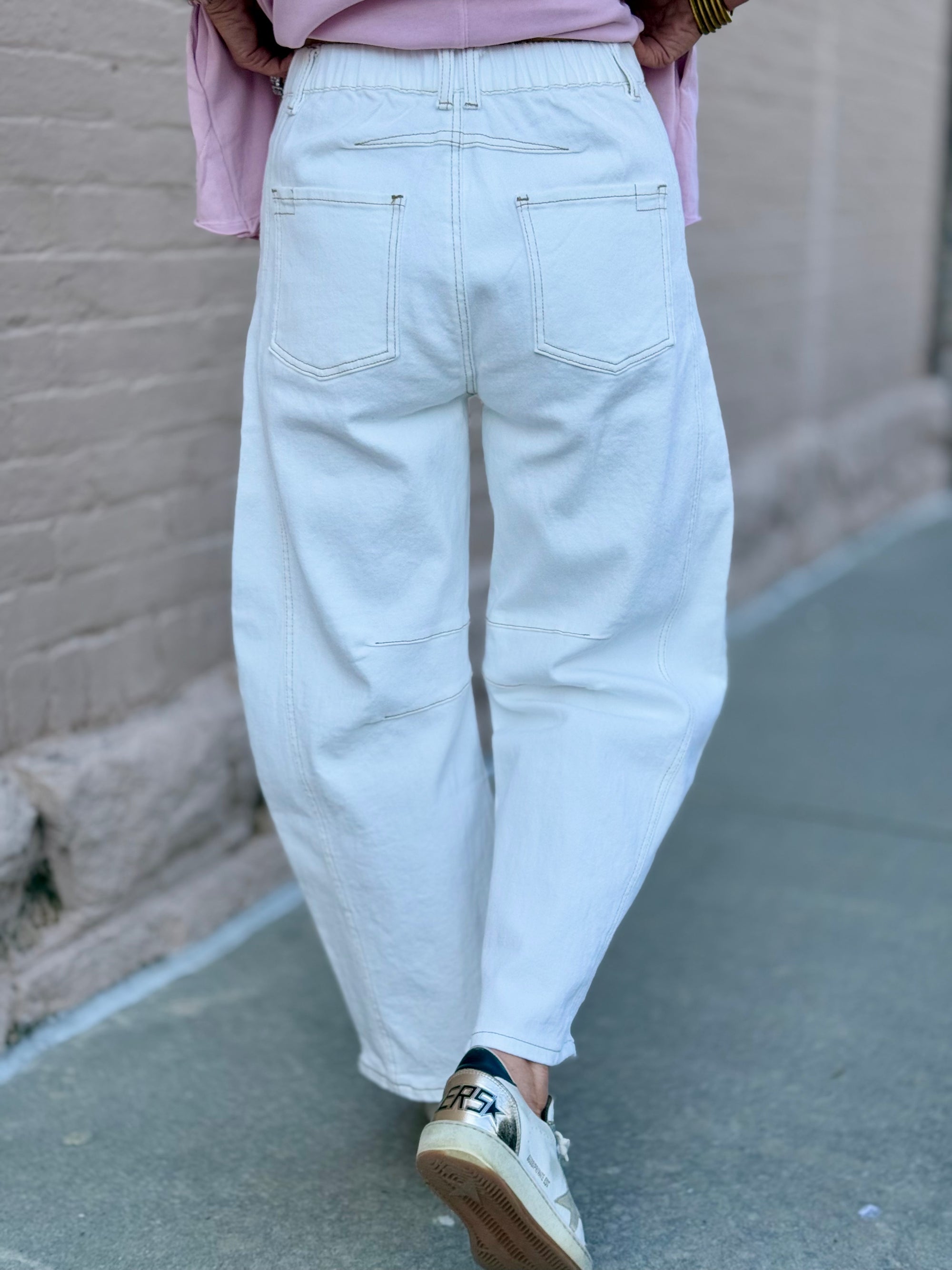 White Contrast Stitch Barrel Jeans