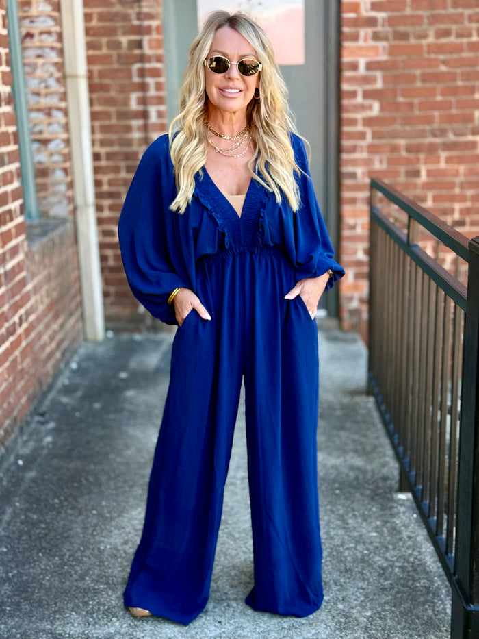 Ruffle V Neck Wide Leg Jumpsuit