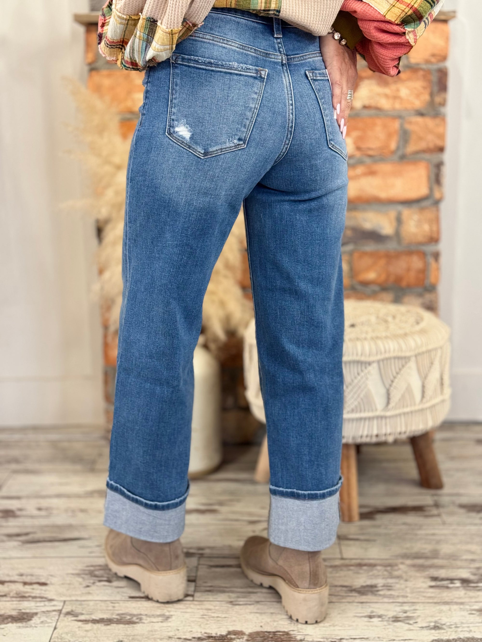 Cuffed Wide Leg High Rise Jeans