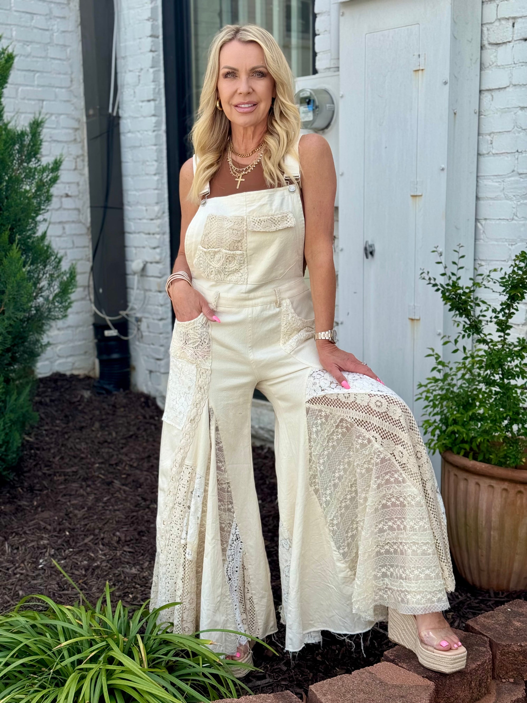 Lace Insert Flare Overalls
