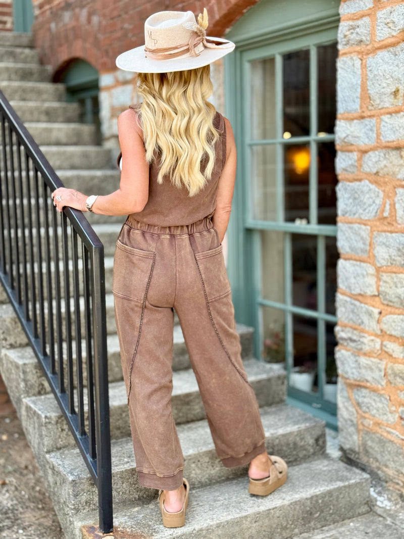 Hooded Zip Up Jogger Jumpsuit | Brown
