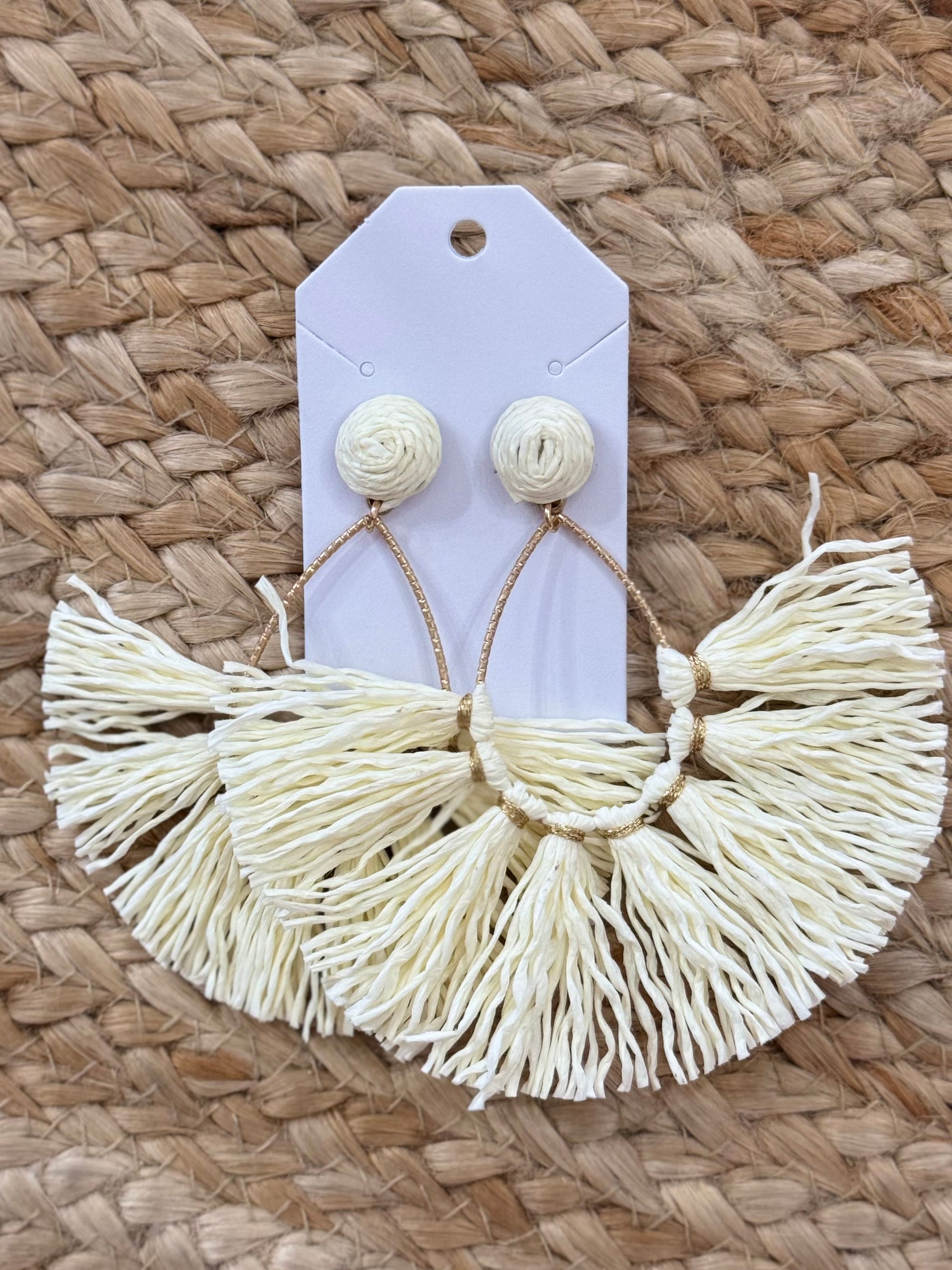 Raffia Fan Tassel Earrings in Ivory