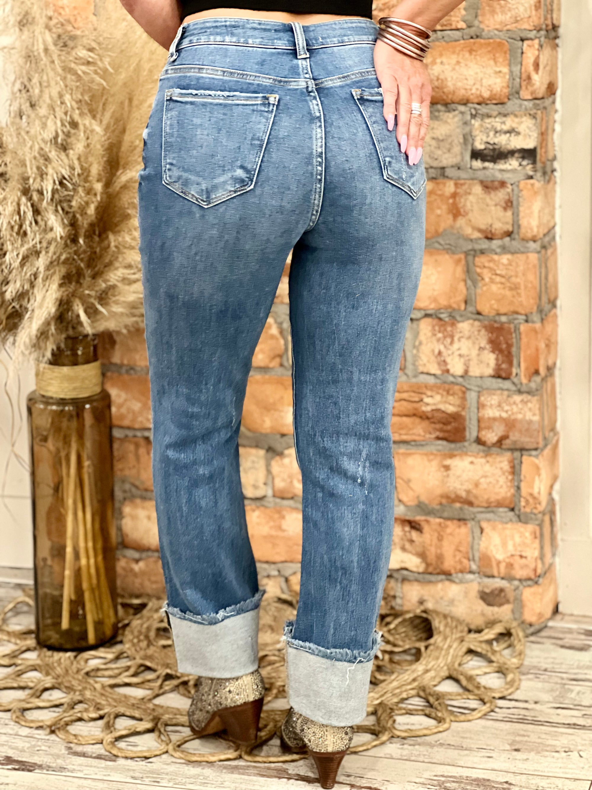 High Rise Loose Fit, Cuffed Jeans