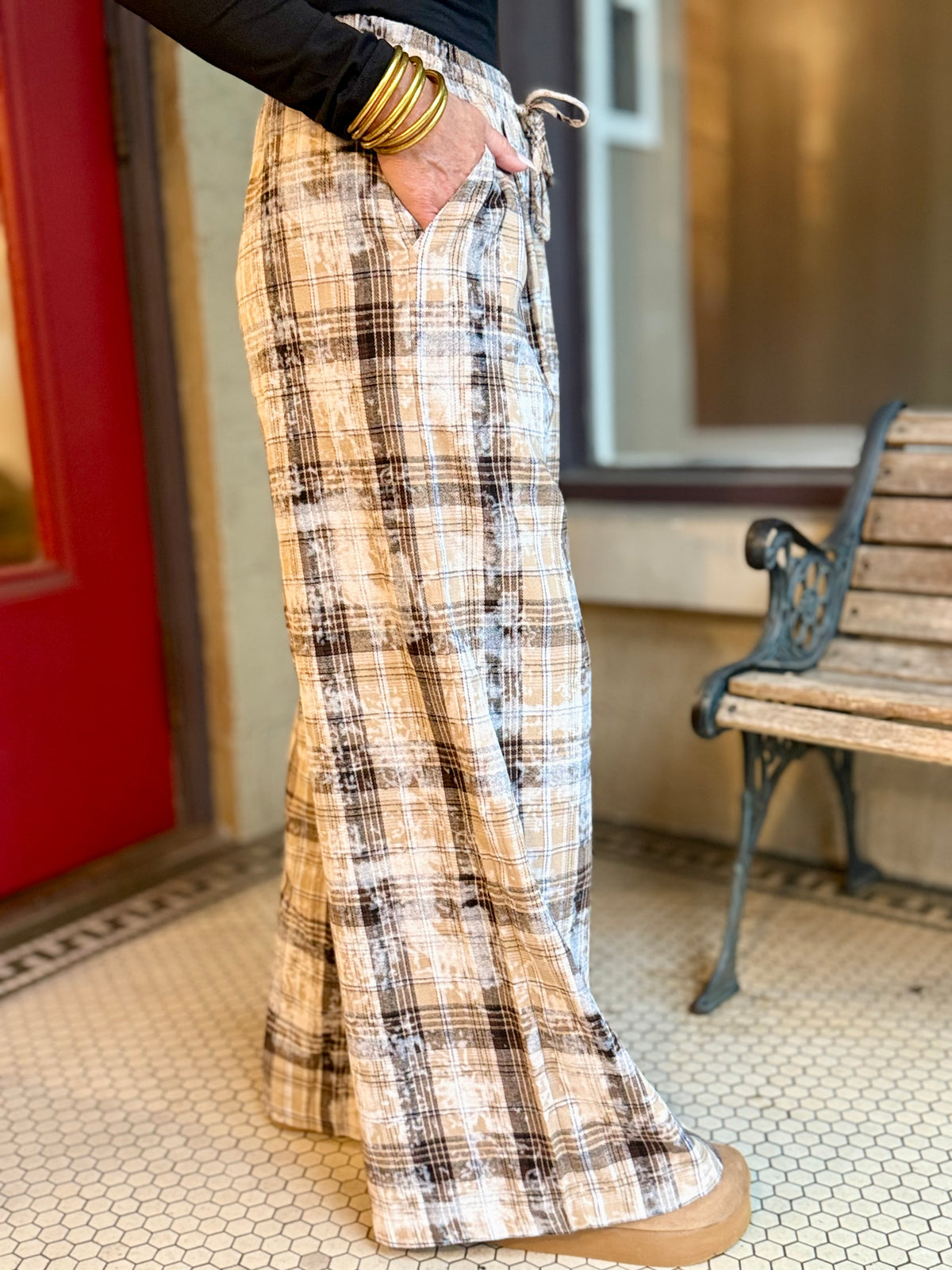 Plaid Bleach Splattered Wide Leg Pants