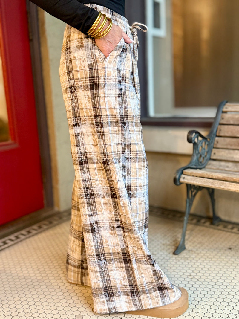 Plaid Bleach Splattered Wide Leg Pants