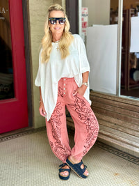 Floral Embroidered Jogger Pants | Washed Red