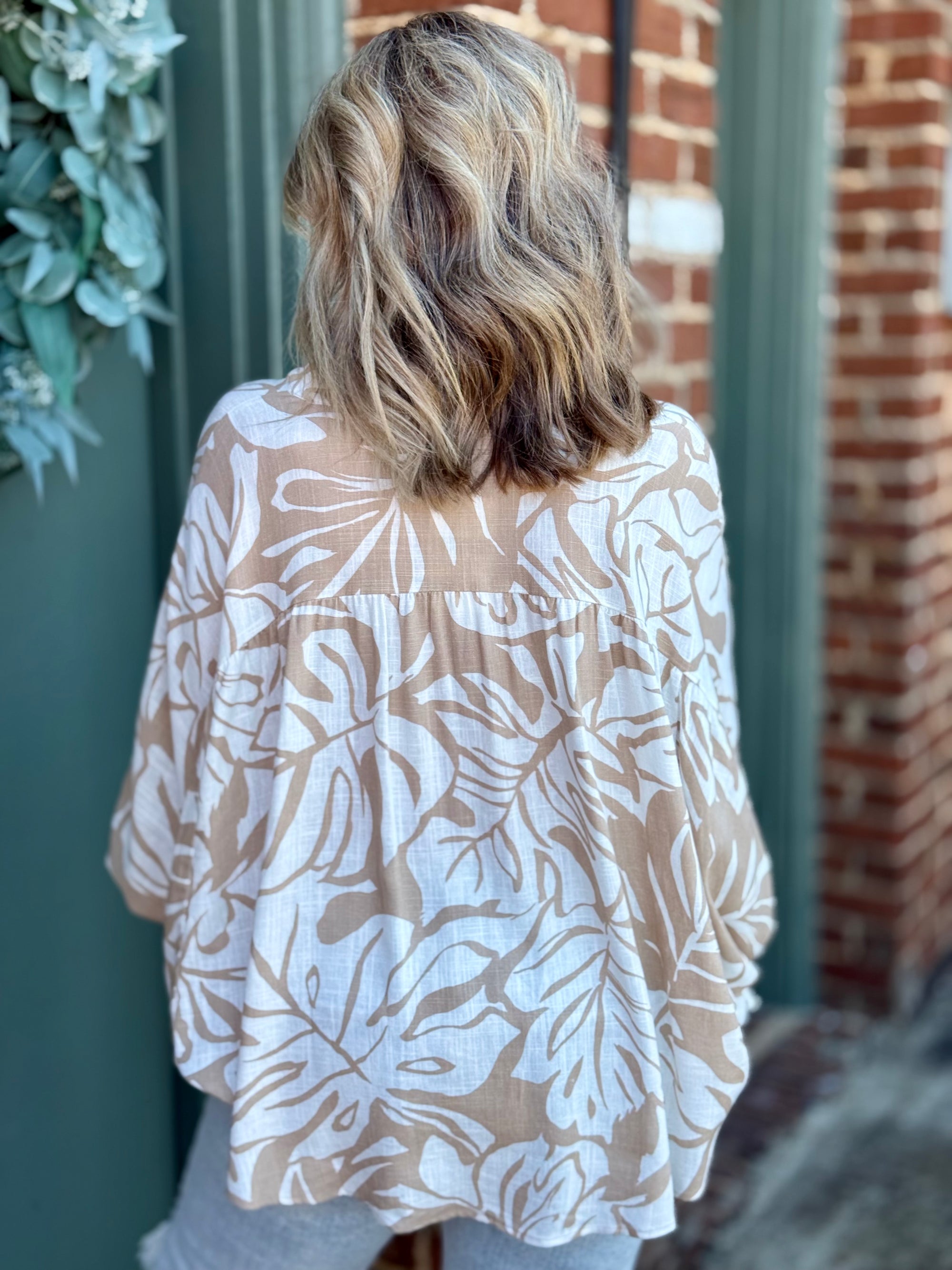 Printed Linen Dolman Sleeve Top | Khaki