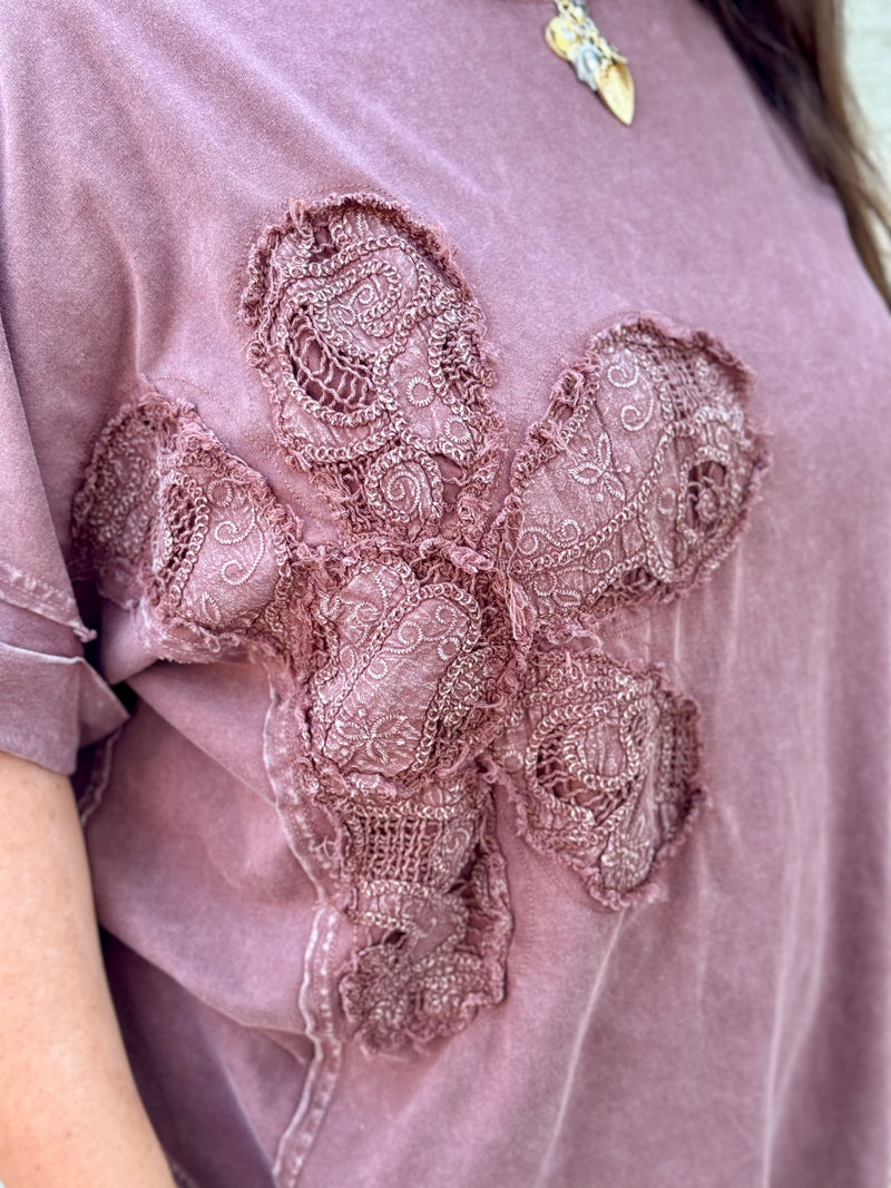 Crochet Floral Patch Cuffed Sleeve Top