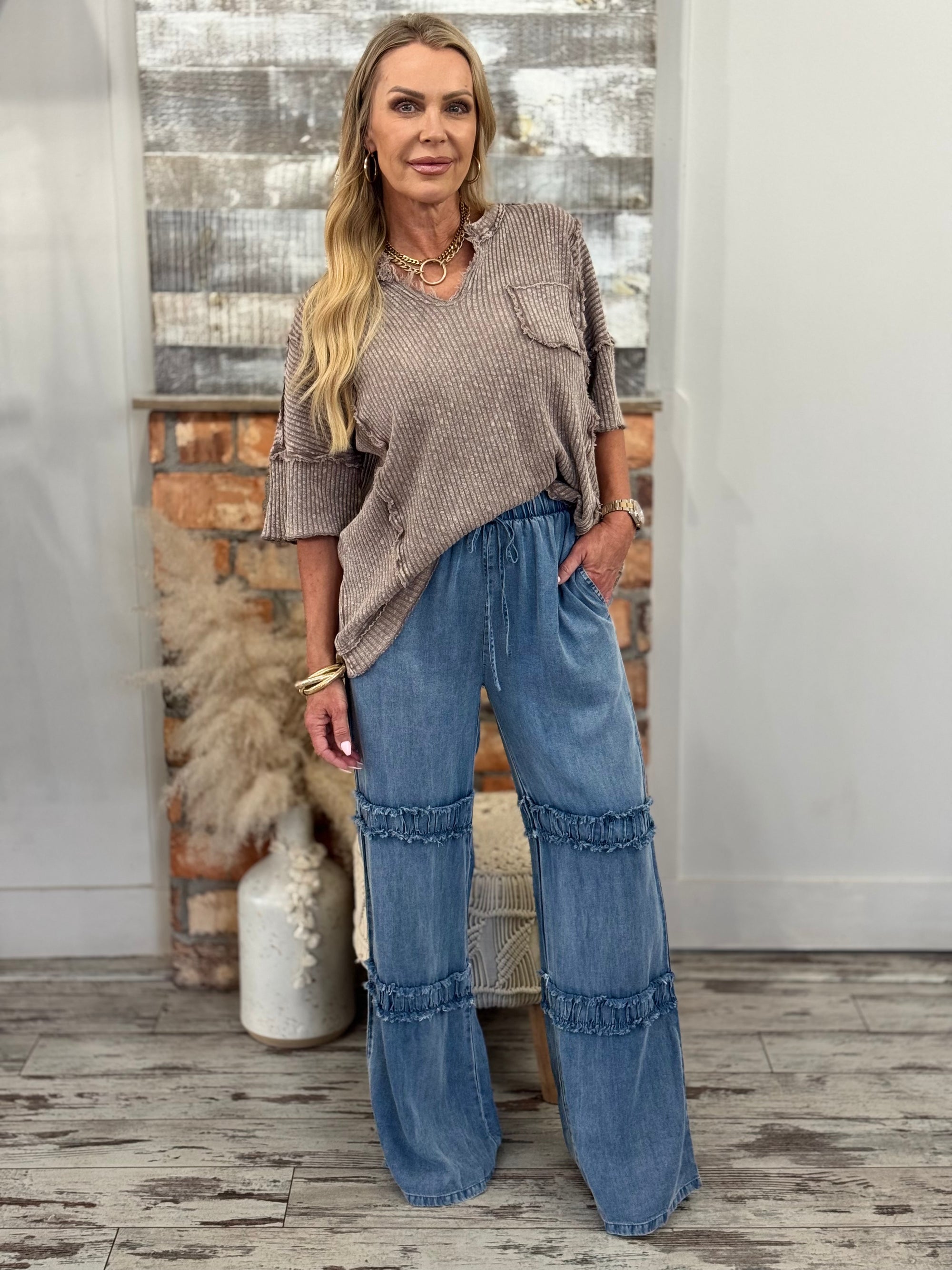 Frayed Ruffle Wide Leg Tencel Pants