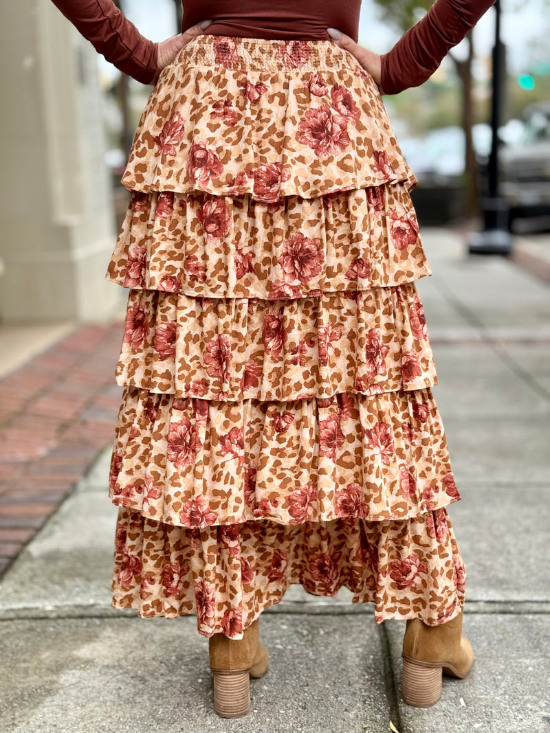Leopard + Floral Tiered Maxi Skirt