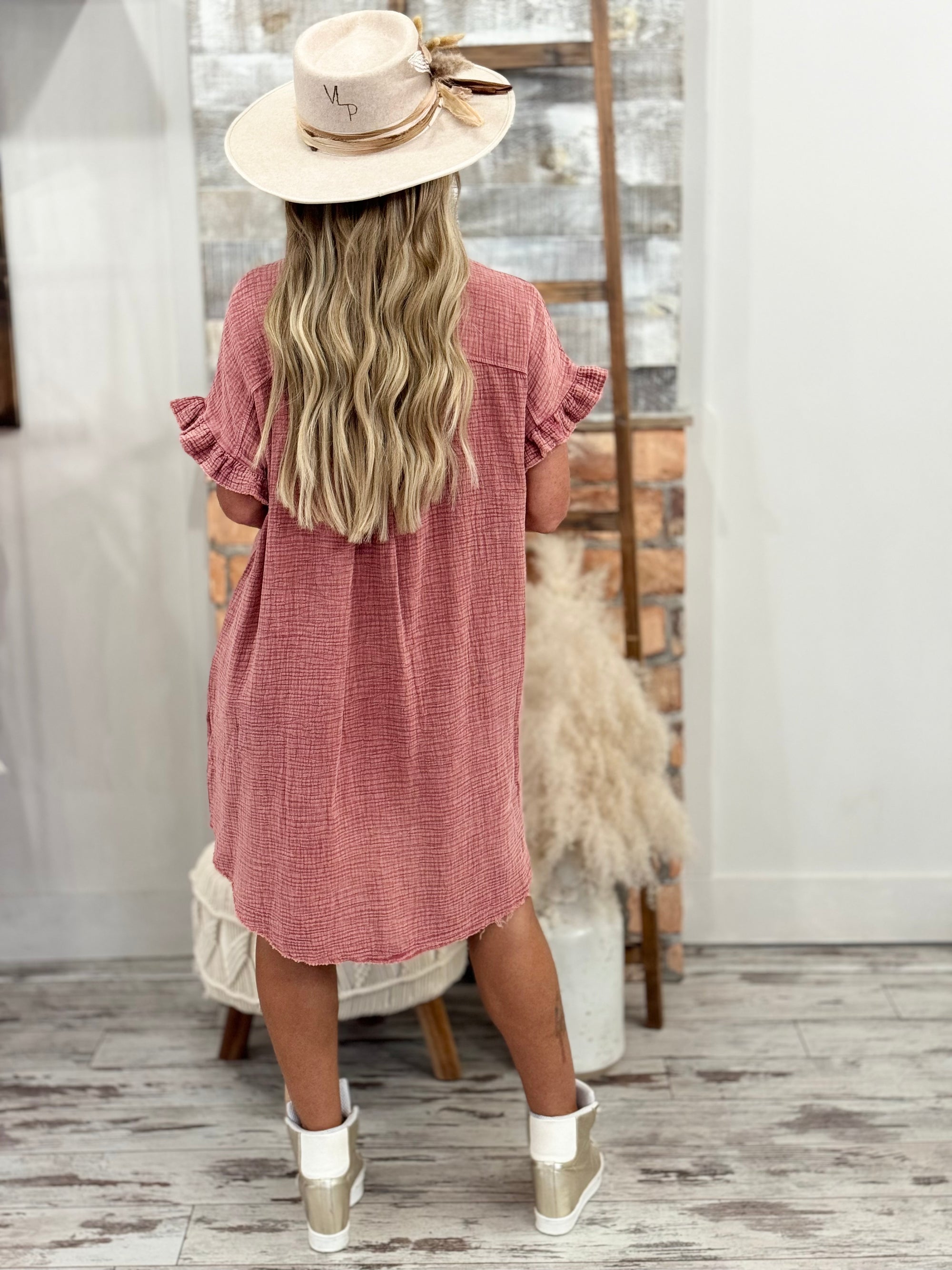 Washed Ruffle Sleeve Gauze Button Down Dress