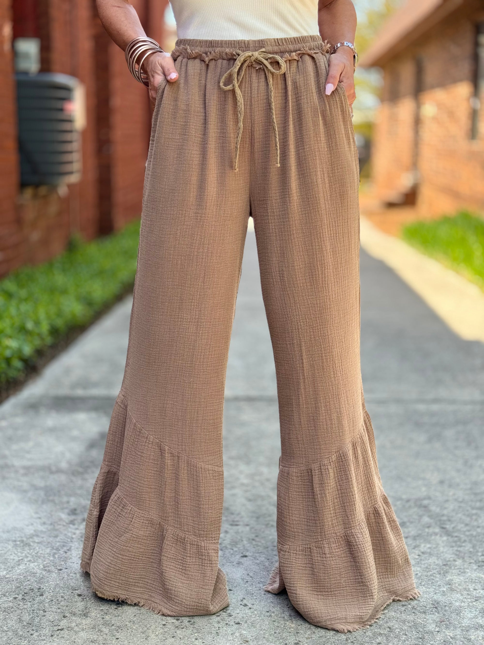Wide Leg Gauze Bell Bottom Pants in Taupe