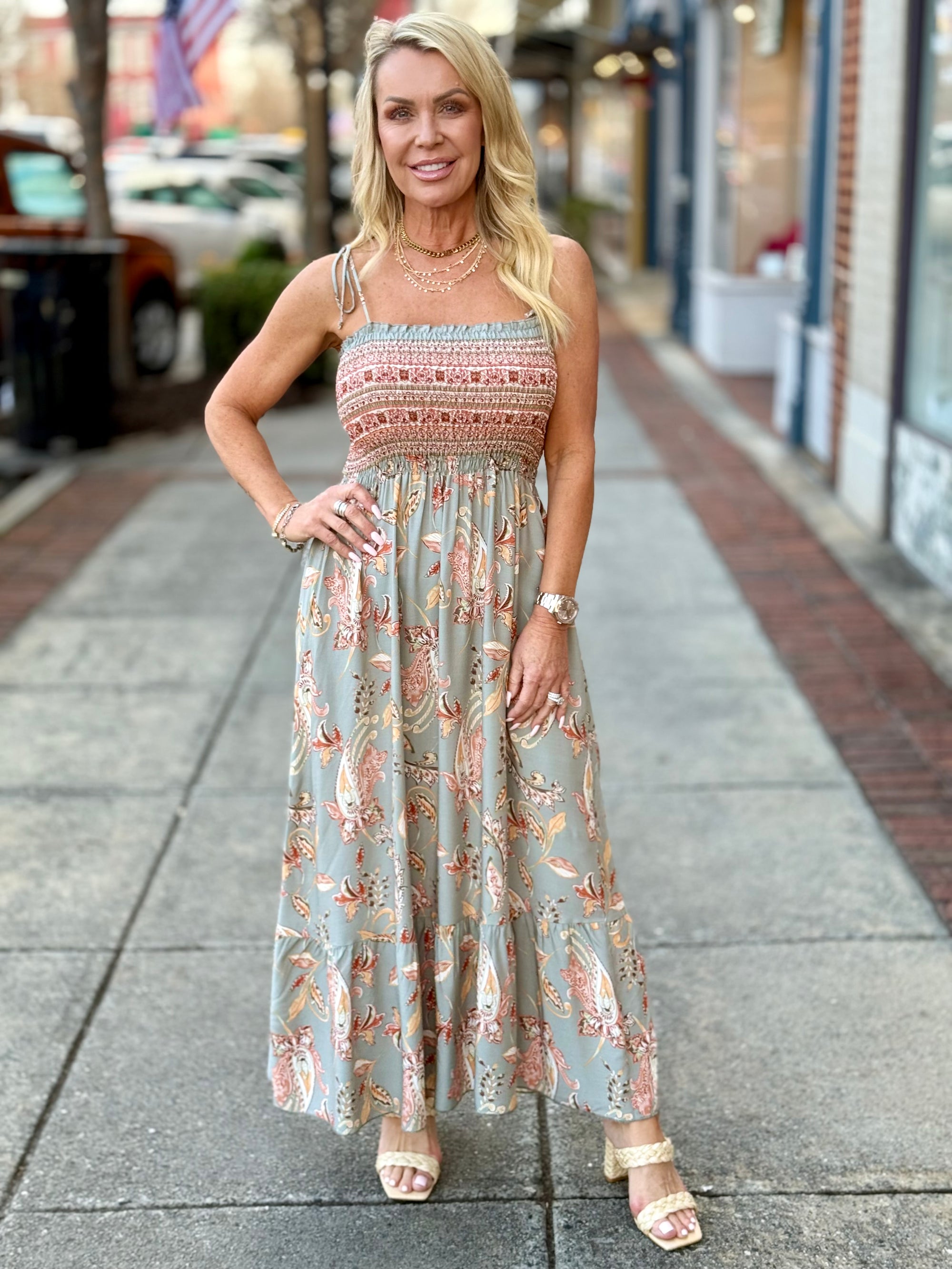 Smocked Paisley Print Dress