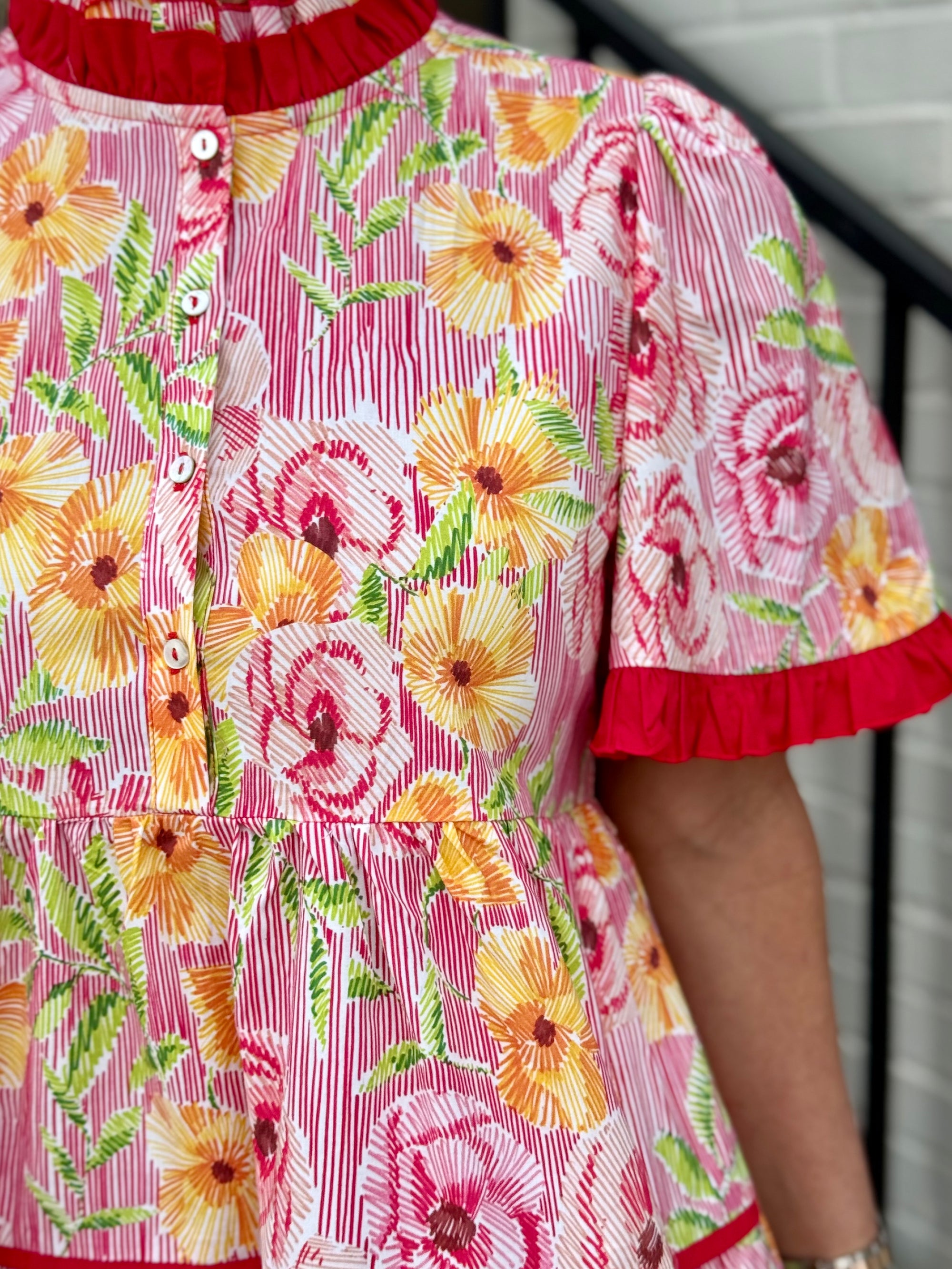 Floral Ruffle Trim Tiered Dress