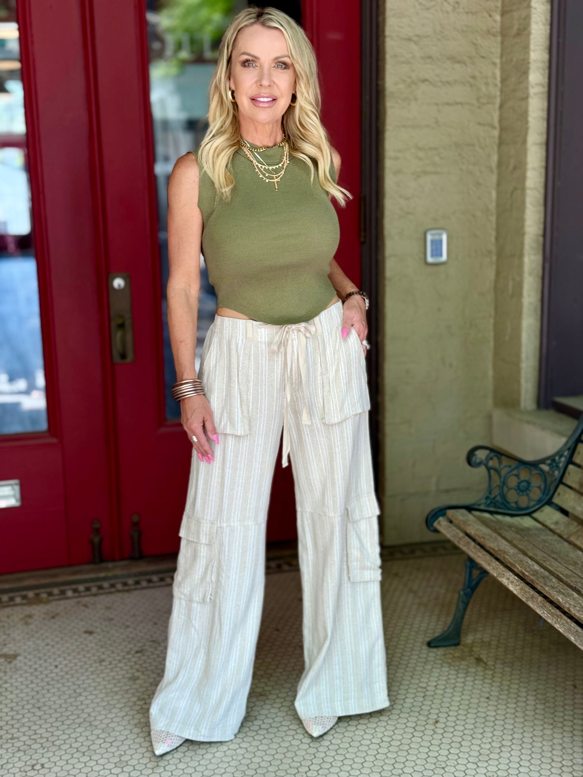 Linen Blend Striped Cargo Pants