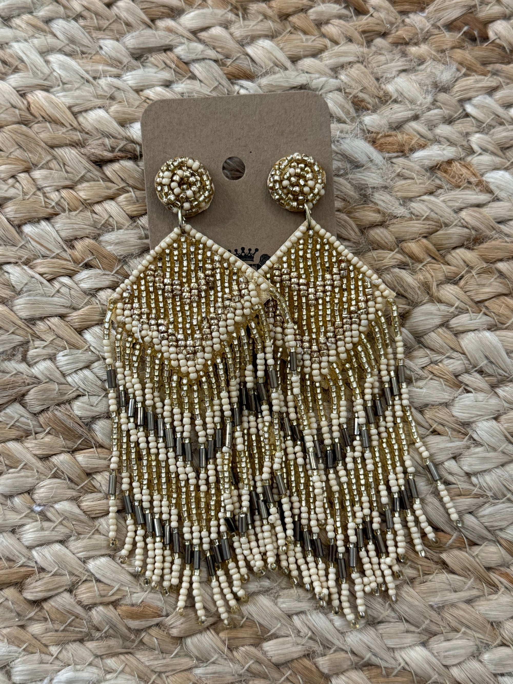 Beaded Rhombus Tassel Earrings in Gold