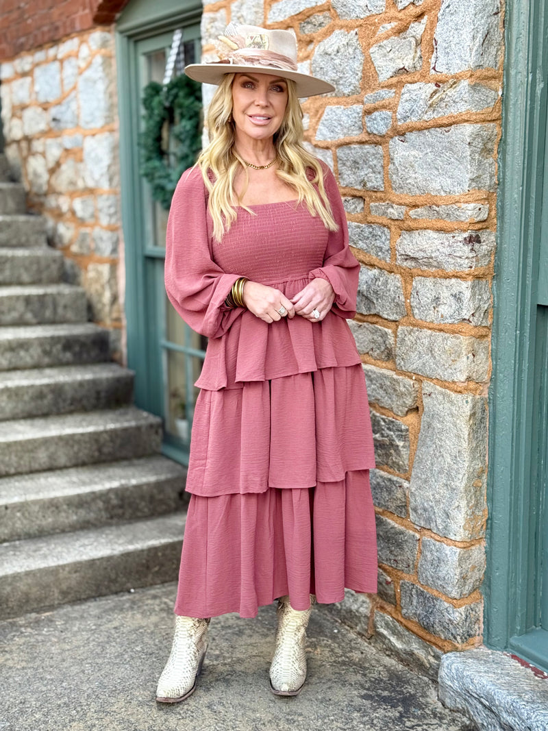 Smocked Tiered Ruffle Midi Dress
