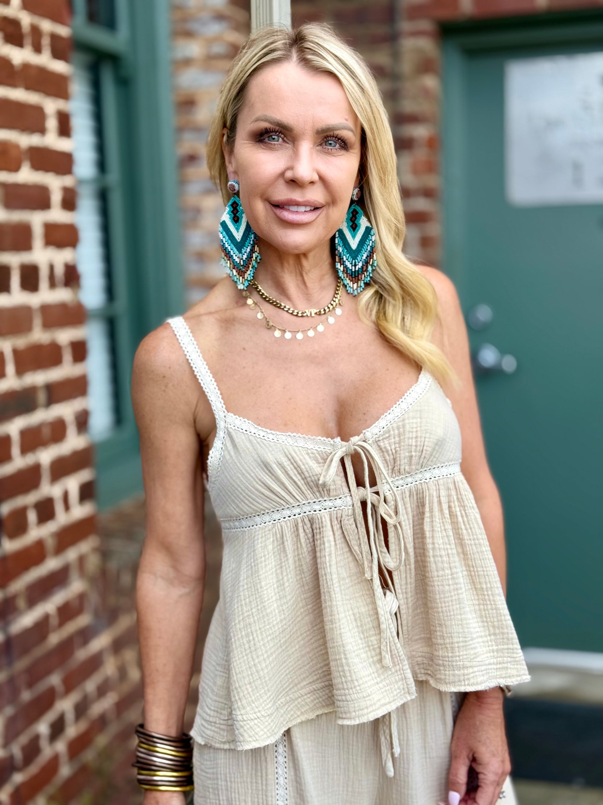 Crochet Trim Tie Tank Top | Oatmeal