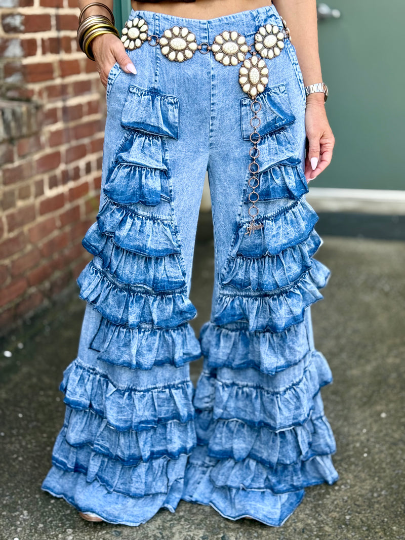 Tiered Ruffle Bell Bottom Pants