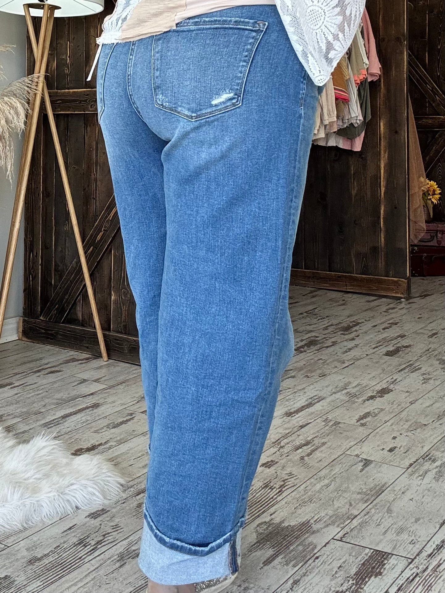 Cuffed Wide Leg High Rise Jeans