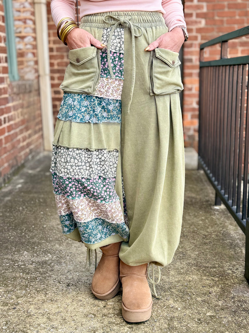 Wide Leg Floral Colorblock Pants