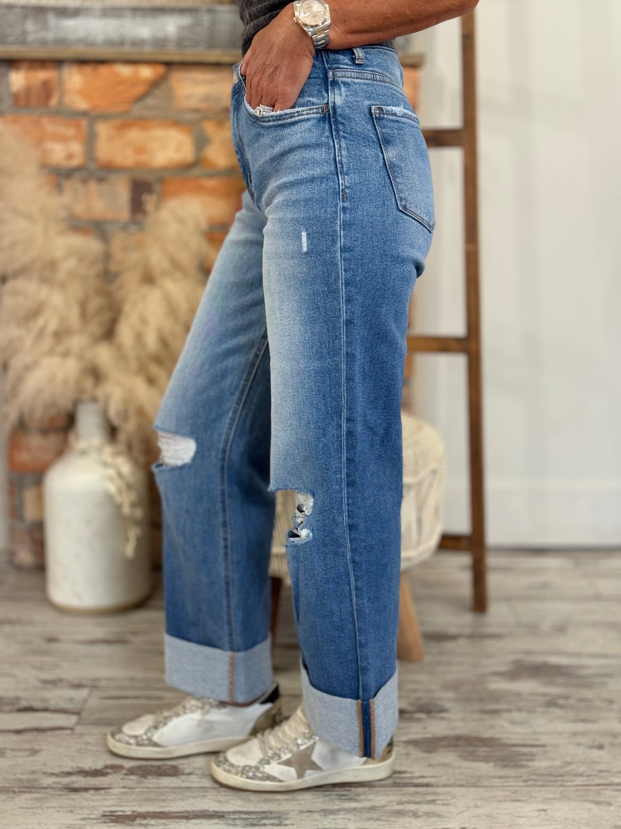 Cropped Cuffed Wide Leg Jeans