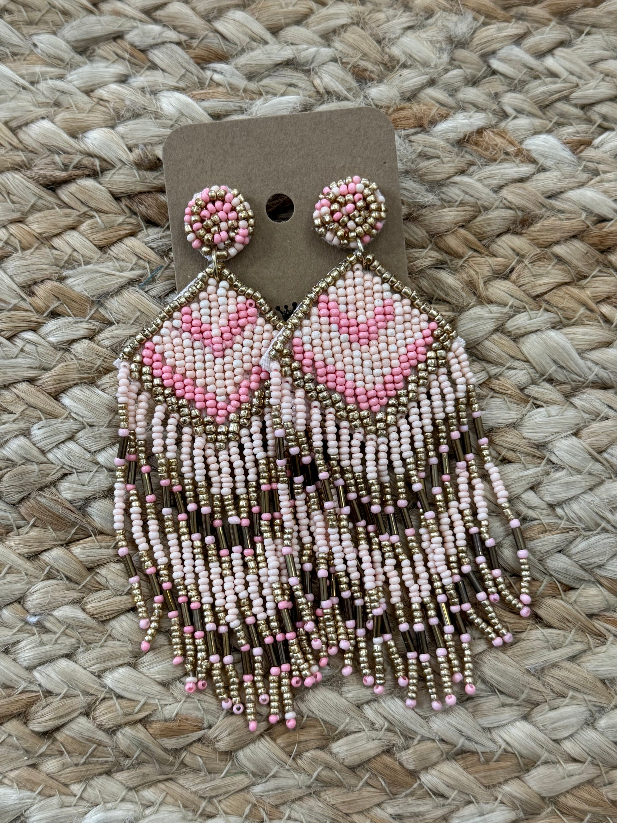 Beaded Rhombus Tassel Earrings in Pink
