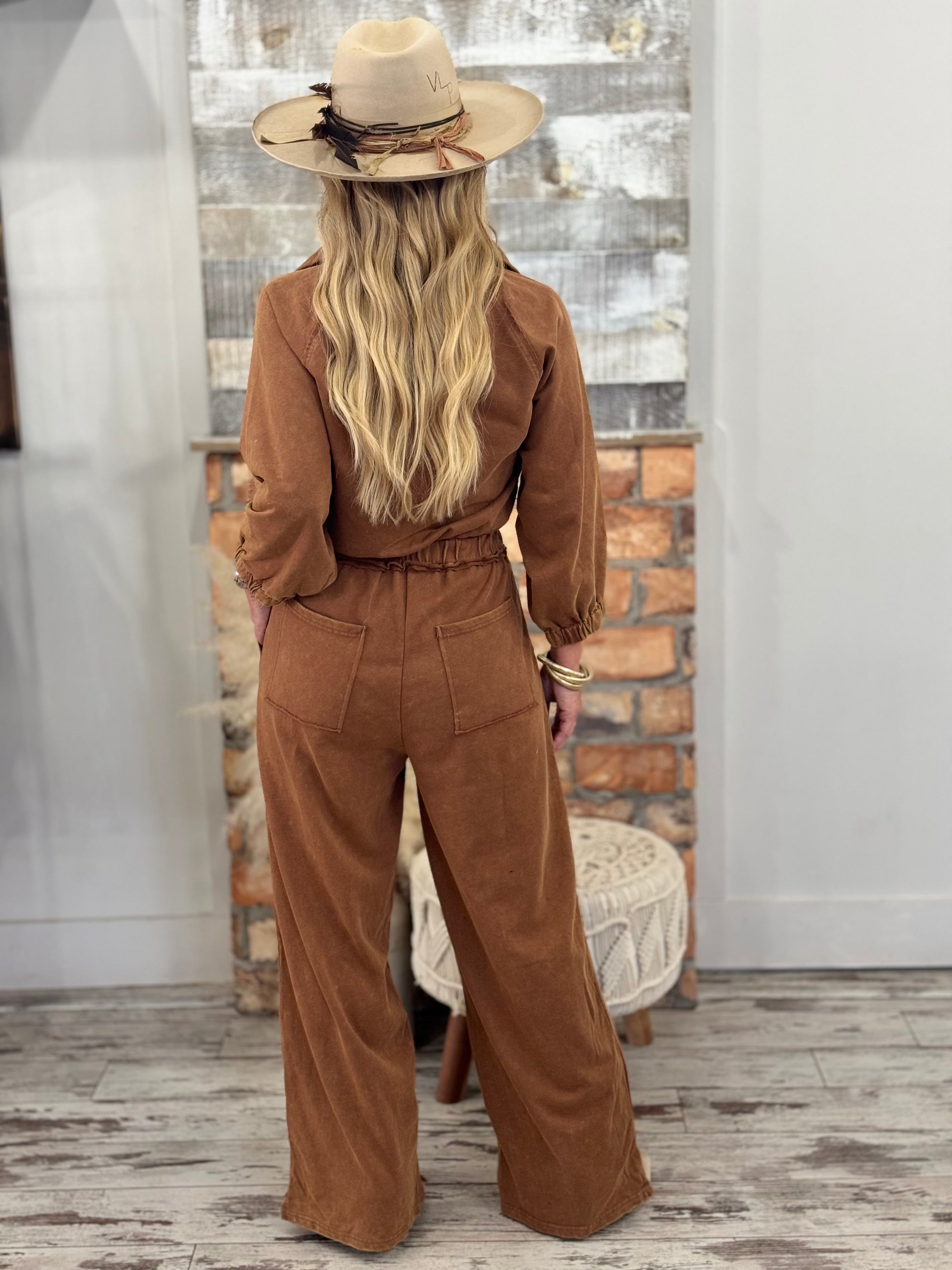 Washed Wide Leg Jumpsuit in Brown